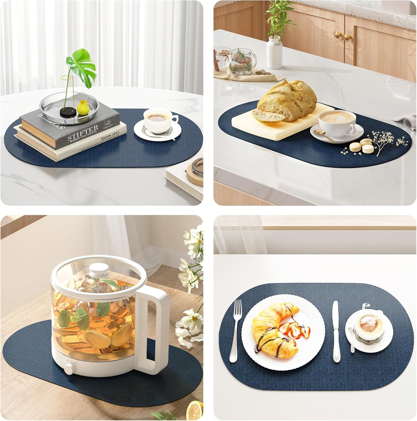 DOLOPL Placemats Set of 6, Oval Reversible Wipeable & Heat Resistant Place Mats, Modern Faux Leather Table Mats for Kitchen, Neutral Tablemats for Dining Table Decor, Wedding, Party(Navy Blue)