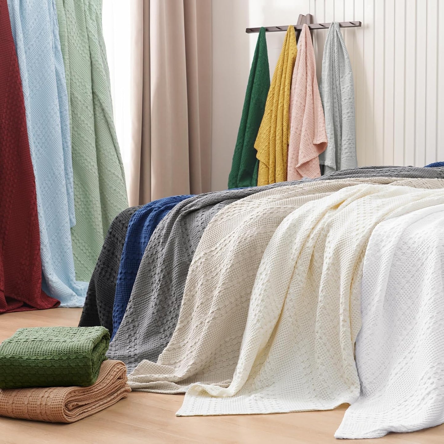 PHF 100% Cotton Waffle Weave Blanket Twin Size, Soft Lightweight Breathable Cozy Summer Blankets for Bed, Luxury Aesthetic Woven Bedding for Home Decor, 66"x90", Khaki