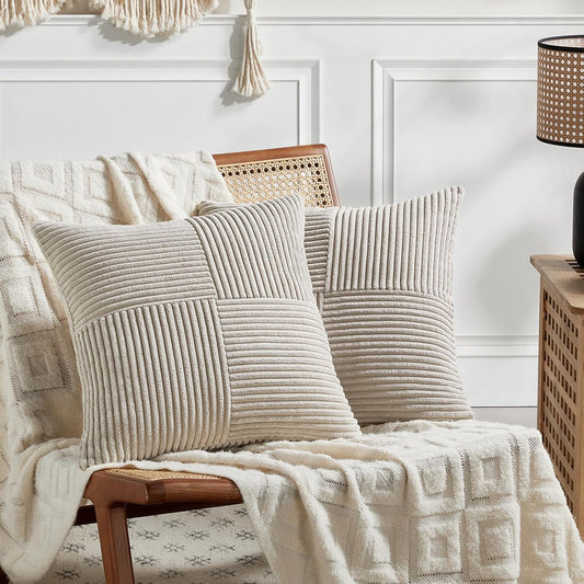 Fancy Homi 2 Packs Neutral Taupe Decorative Throw Pillow Covers 16x16 Inch for Living Room Couch Bed, Rustic Farmhouse Boho Home Decor, Soft Corss Patchwork Corduroy Textured Square Cushion Case 40cm