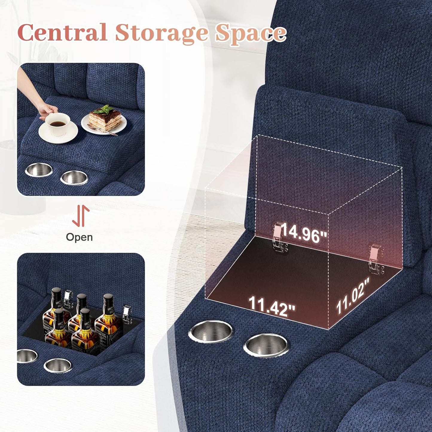 Loveseat Recliner Sofa, 2 Seater Curved Sofa for Living Room, Fabric Manual Pull Tab Reclining Loveseat with Storage Console, Recliner Loveseat Couches with USB Charge Ports, Cup Holders, Blue