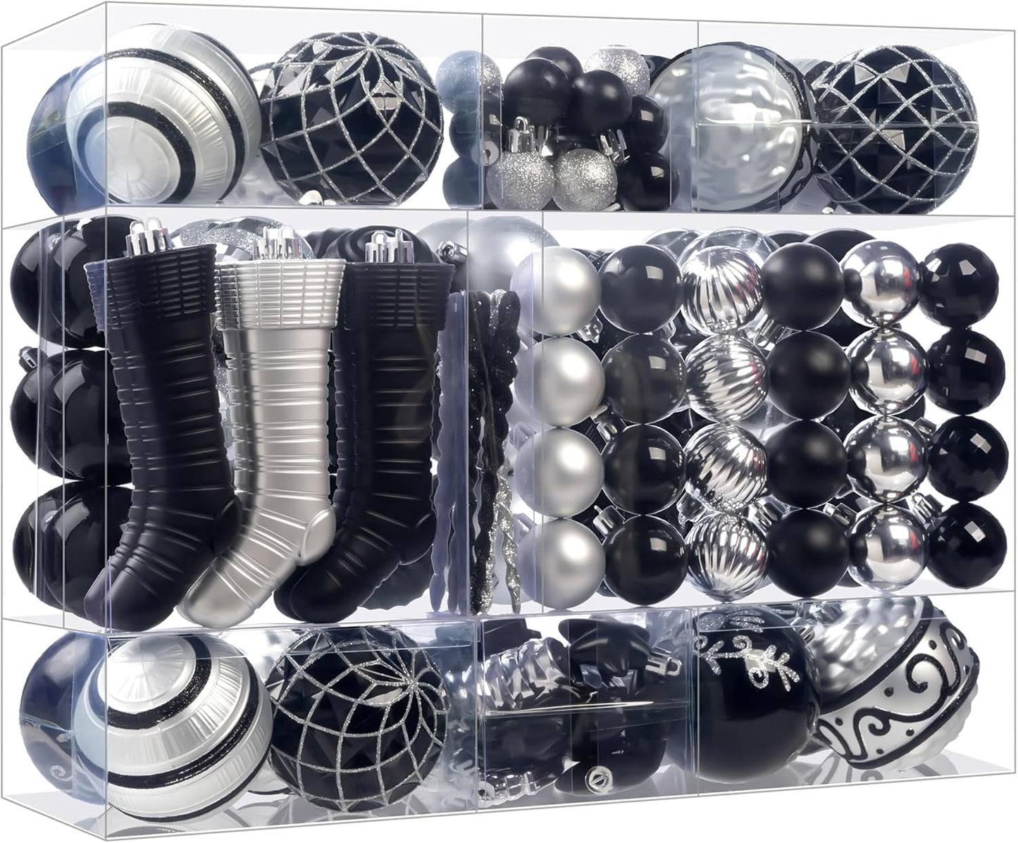 150PCS Black and Silver Christmas Ornaments - Shatterproof Ball Set, Assorted Baubles Hanging Decorations for Xmas Tree, Home, Festival, Party, Wedding