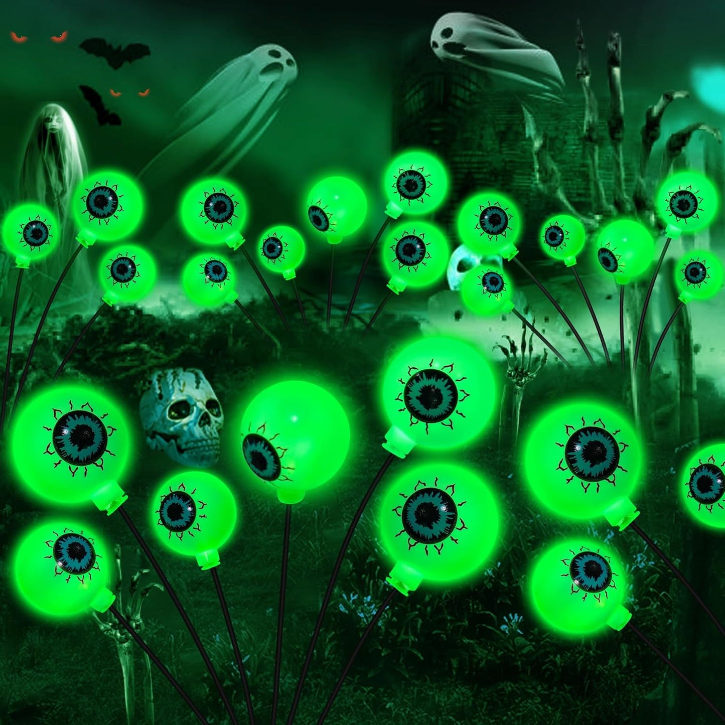 Solar Halloween Decorations, 4 Pack 24 LED Spooky Eyeball Lights, Outdoor Waterproof Solar Green Firefly Lights for Garden Yard Patio Pathway Lawn Halloween Party