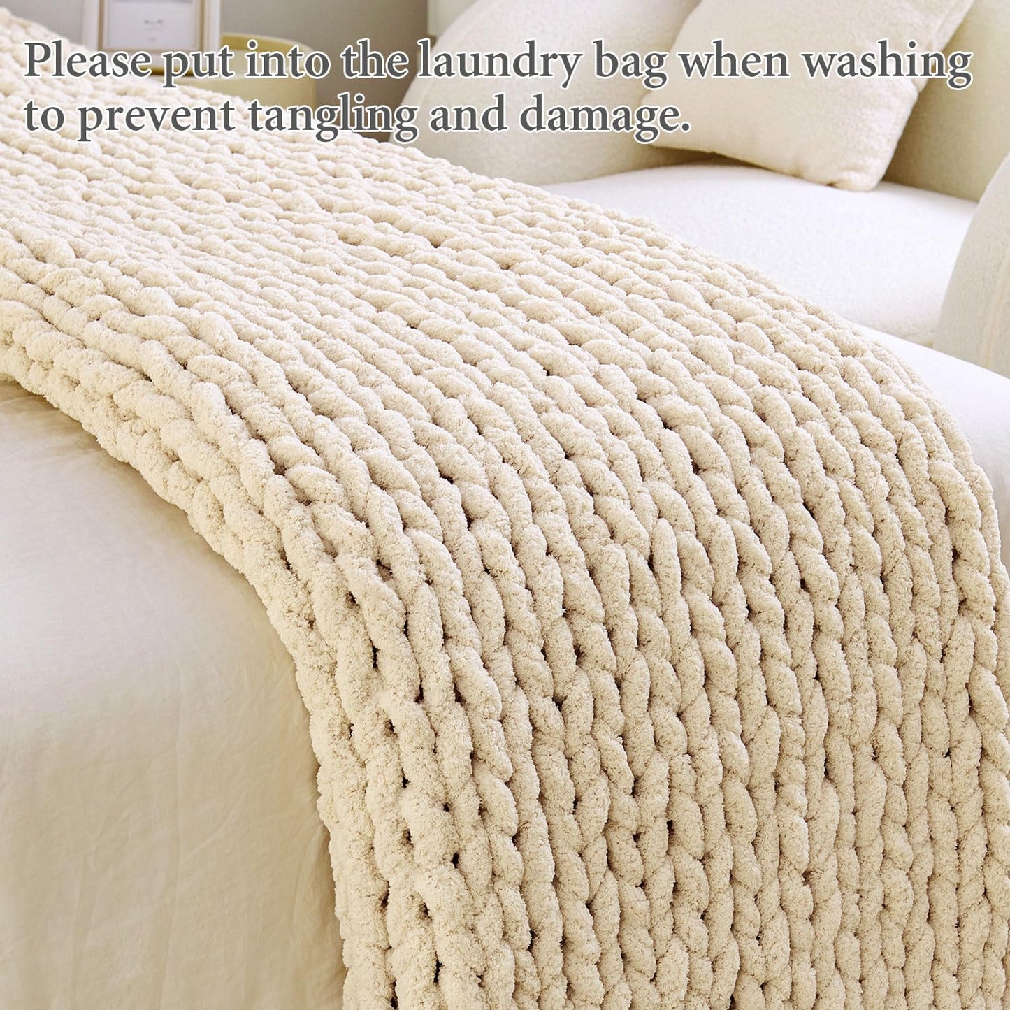 Admitrack Chunky Knit Blanket Throw, 100% Hand Knit Chenille Throw Blanket for Sofa & Home Decor, Soft and Cozy Knitted Throw Blankets (Ivory，40"x50")
