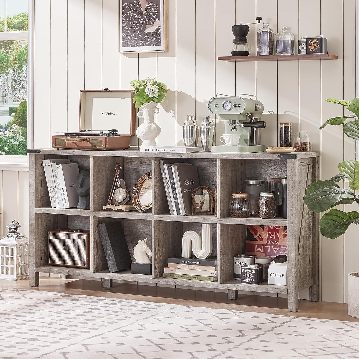 8 Cube Book Shelf, Farmhouse Wood Long Storage Organizer Bookcase, 62" Horizontal Grey Oak Console Closet Bookshelf, Hallway TV Stand for Entryway, Display Cabinet Book Case for Living Room