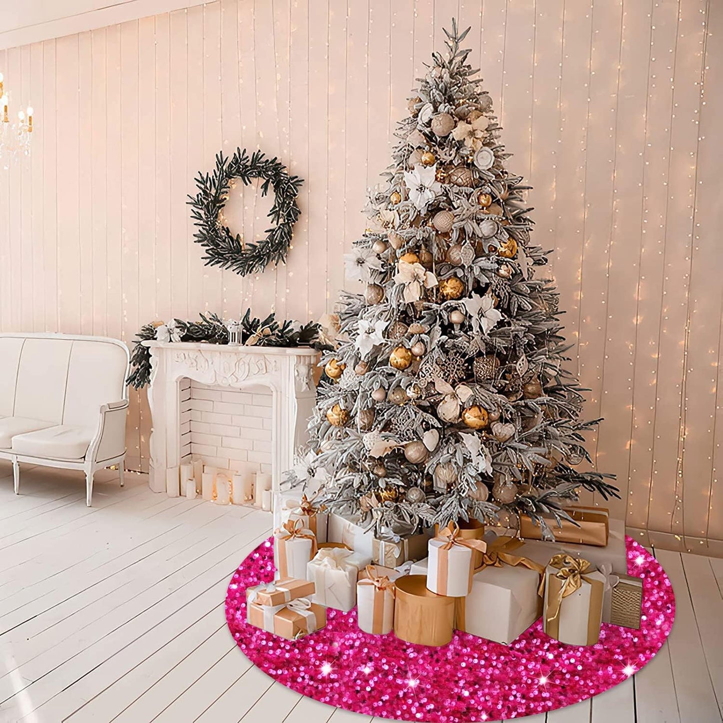 MODFUNS Glitter Tree Skirt 36 Inch Velvet Xmas Tree Skirts Hot Pink Sequin Christmas Tree Skirt Thick Sparkly Tree Skirting Cover for Xmas Tree Skirts Merry Christmas Home Glittering Tree Mat