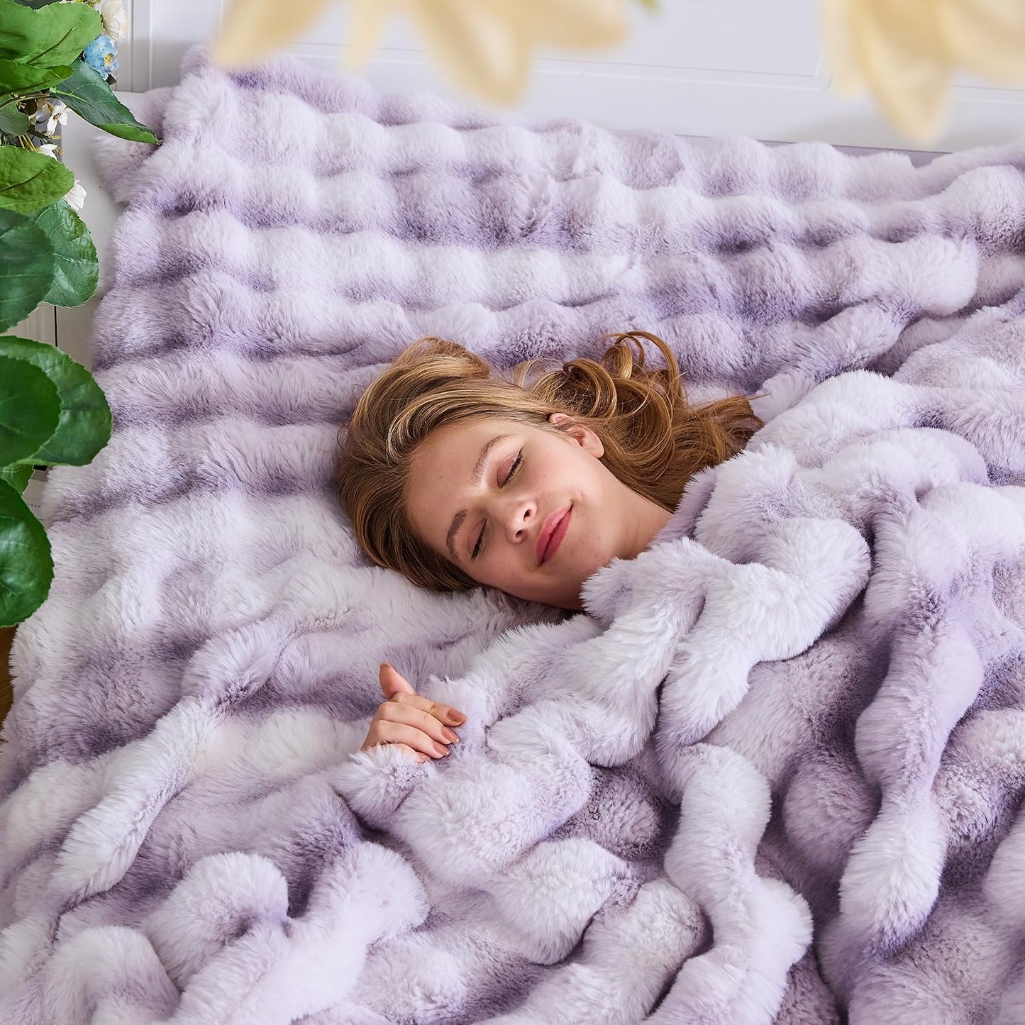 Lotus Karen Faux Fur Throw Blanket Tie-Dye Purple-Big Bubble Rabbit Fluff Blanket for Couch,Small Fluffy Fuzzy Cozy Blanket,Thick Furry Plush Shaggy Blankets,50x60 Inches