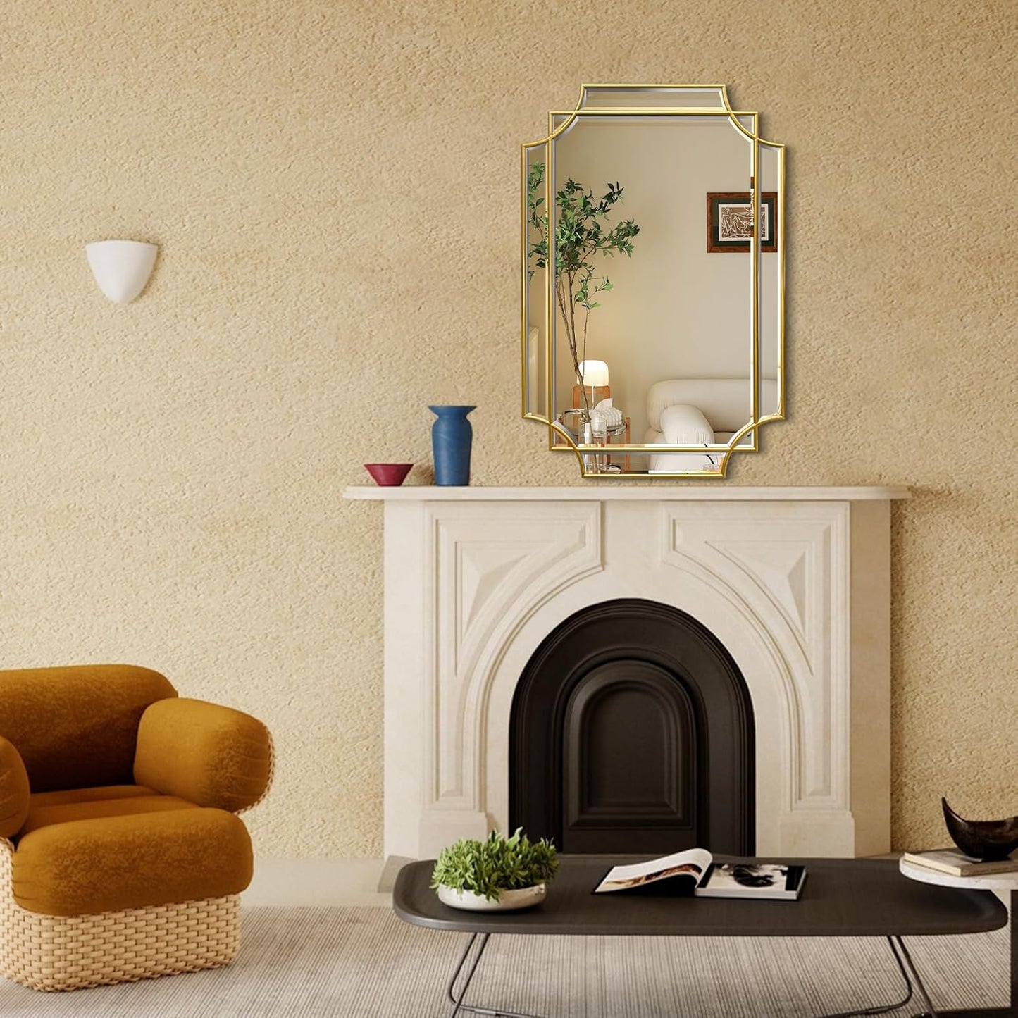 30x20 Inch Gold Bathroom Mirror, Wooden Frame with Scalloped Polished Beveled Glass, Modern Art Wall Decor for Vanity, Irregular Rectangle Mirror for Bedroom, Living Room, Fireplace & Entryway