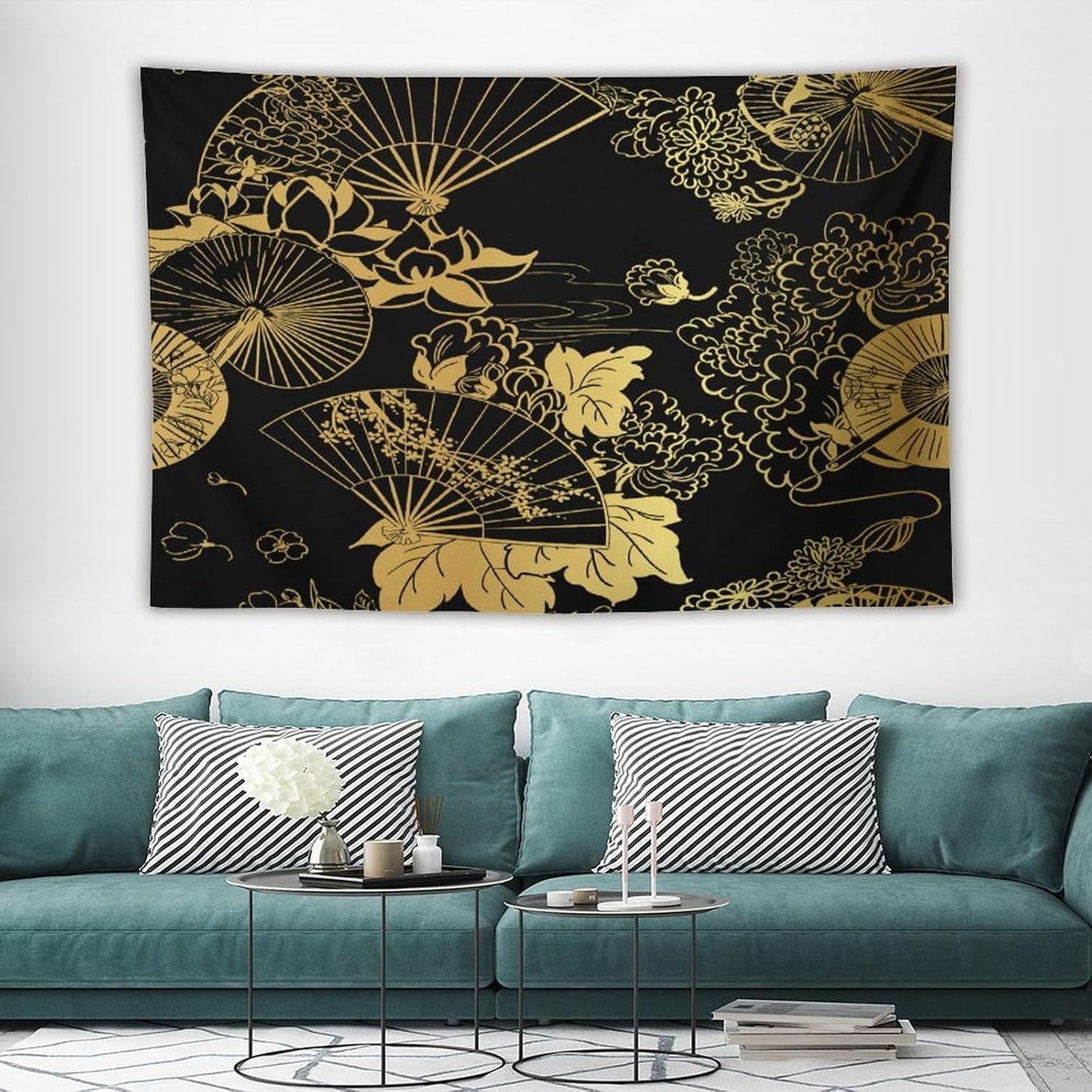HZOHNAGO Japanese Tapestry Gold Flowers Umbrella Fan Pattern Printed Wall Tapestry Painting Wall Hanging for Bedroom Living Room Dorm 60" W x 40" H