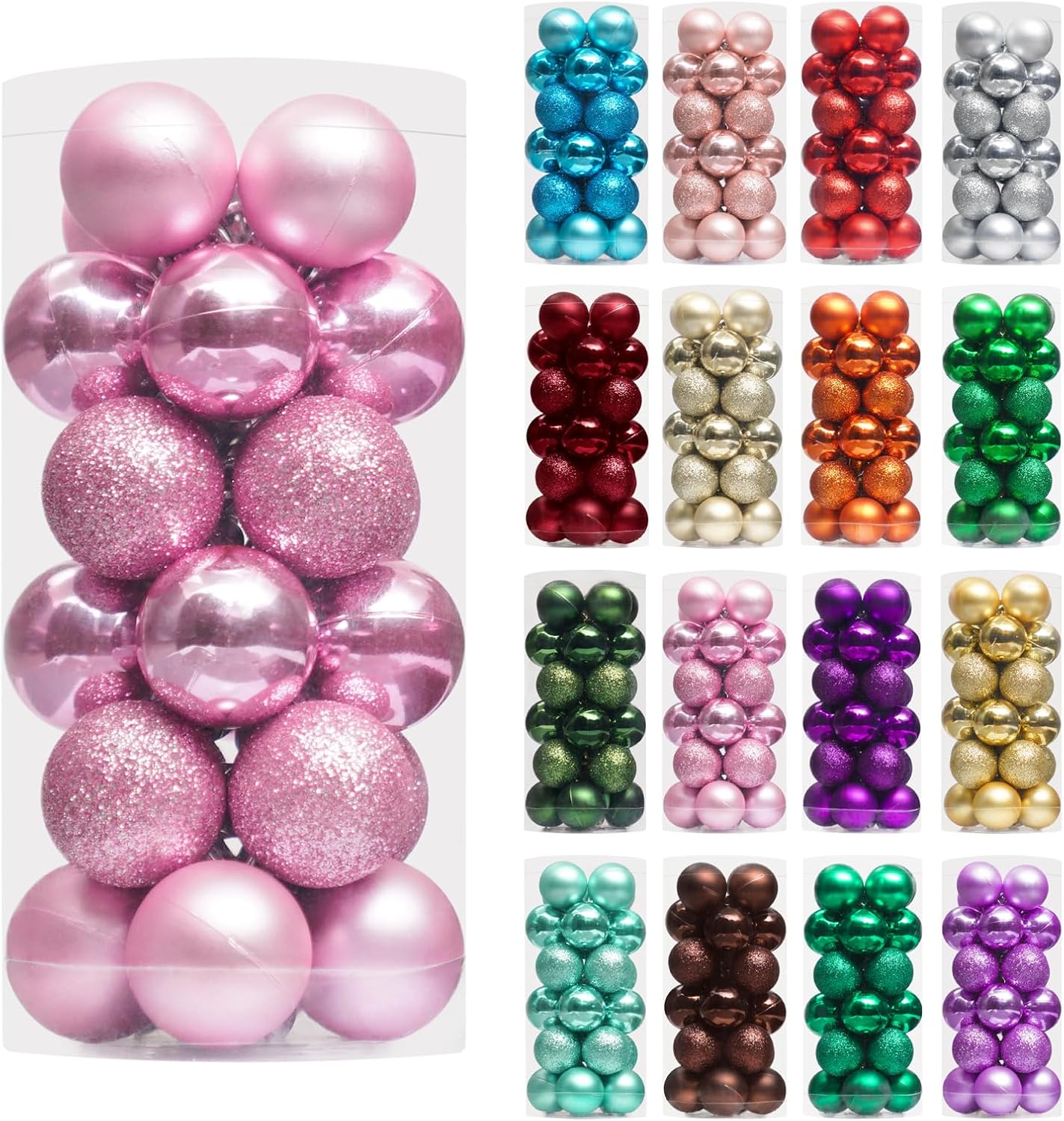XmasExp 24ct Mini Christmas Ball Ornaments Shatterproof Christmas Ornaments Set Decorations for Xmas Tree Balls 30mm/1.18" (Pink)
