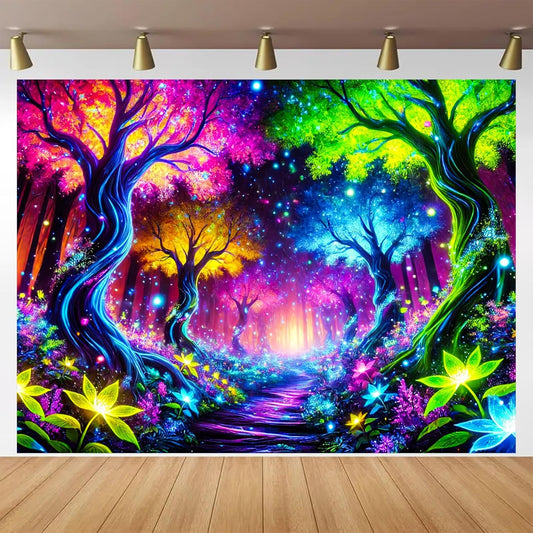 BlissYard Enchanted Neon Forest UV Black Light Tapestry 78x59 Inches Art Color Neon Light Background Bedroom Living Room Wall Party Decoration Psychedelic Pathway Fantasy Nature Magic Glow Decor