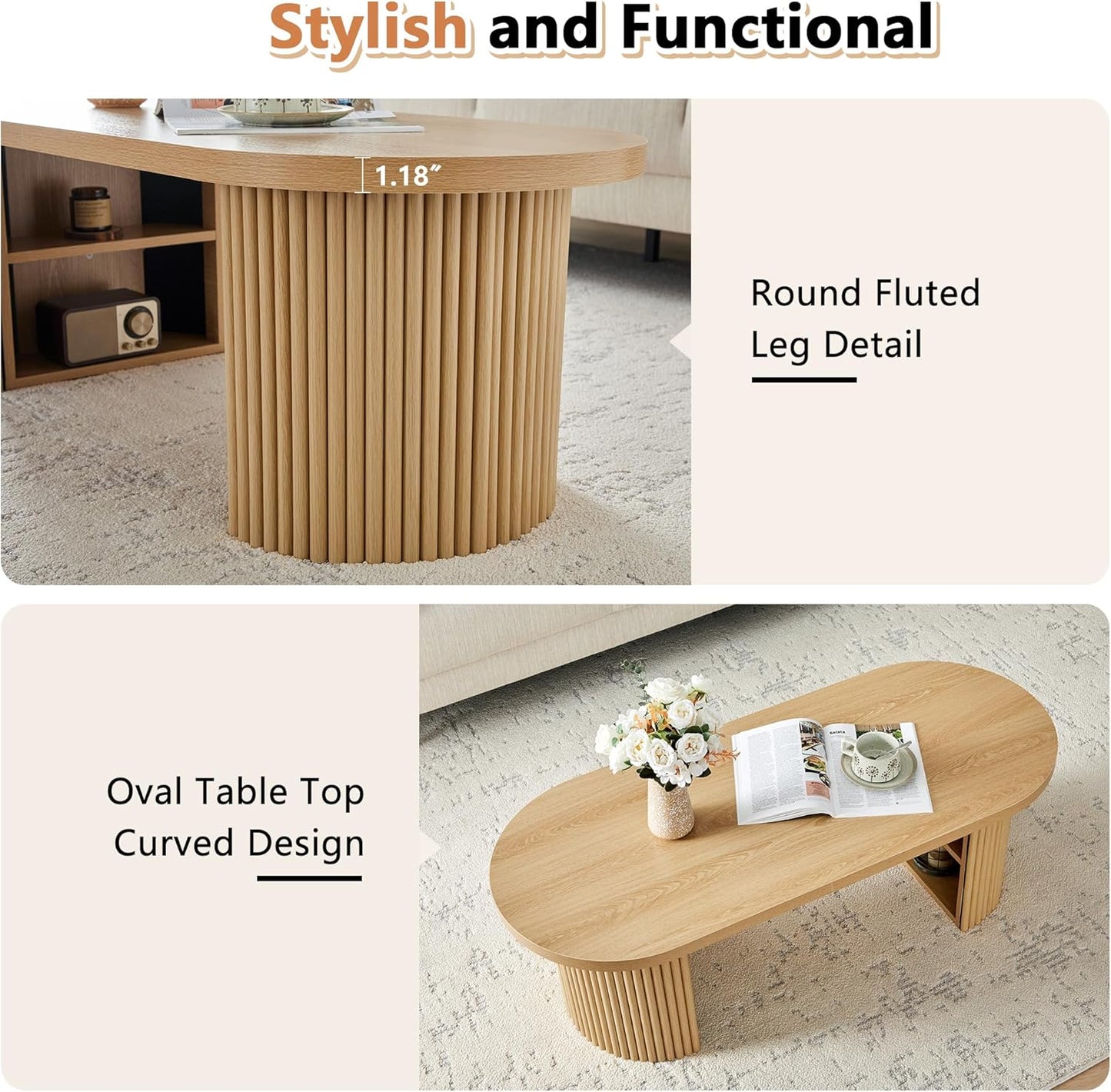 Oval Fluted Coffee Table, 47" Farmhouse Wood Coffee Table Mid Century Modern Center Table Boho Living Room Tables for Living Room Office,Natural