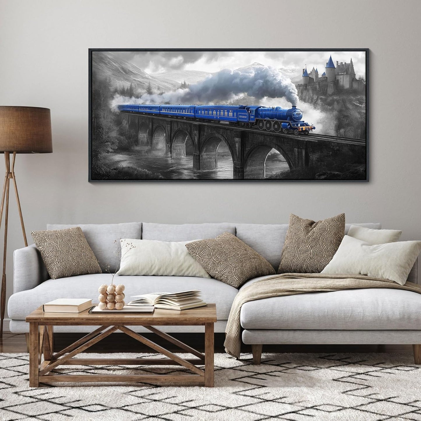 JEAWA Large Framed Canvas Wall Art - 24x48 IN Blue White Gray Landscape Wall Decor, Picture with Castle Bridge Train, Art Prints for Living Room Bedroom Bathroom Home Decoration