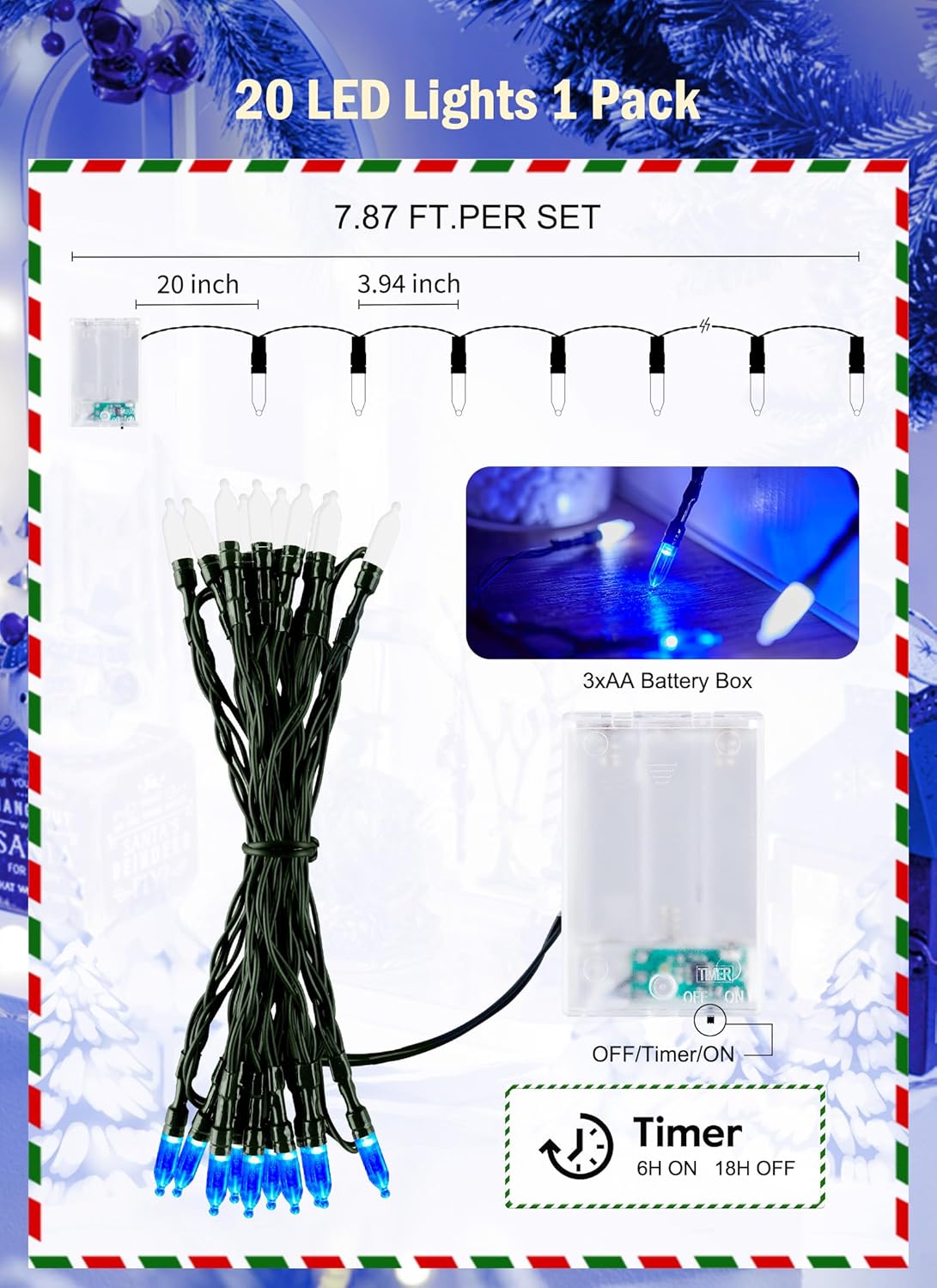 Battery Operated Christmas String Lights, 8ft 20 LED Mini Lights with Timer, Christmas Tree Lights for Indoor Outdoor Bedroom Wedding Party Holiday Xmas Decoration，Blue & White
