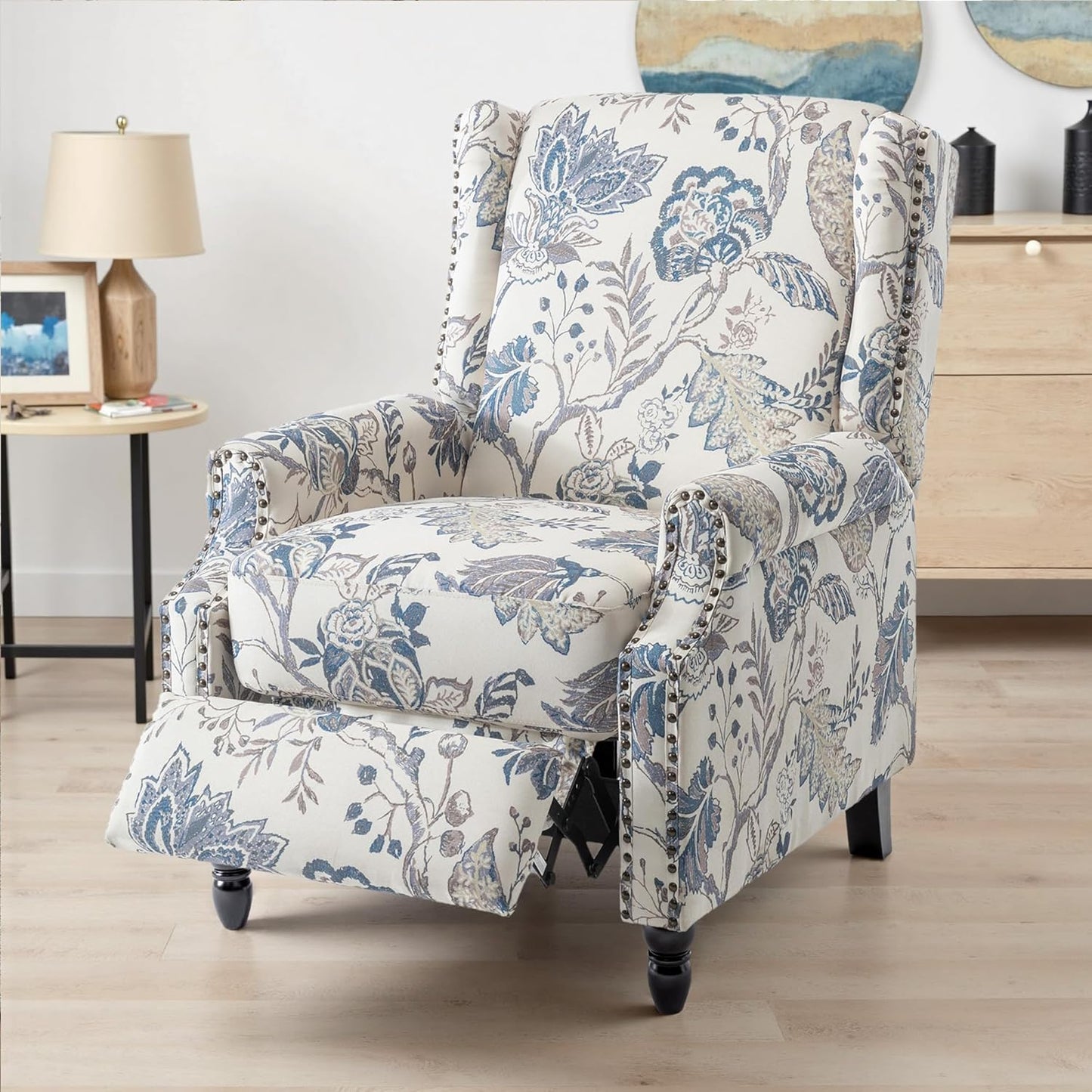 UIXE Floral Pushback Recliner Chairs Set of 2, Fabric Upholstered Armchair Push Back Accent Chair for Living Room, Rivet Trim Club Chair Home Theater Single Sofa Reading Seat - Blue Plants