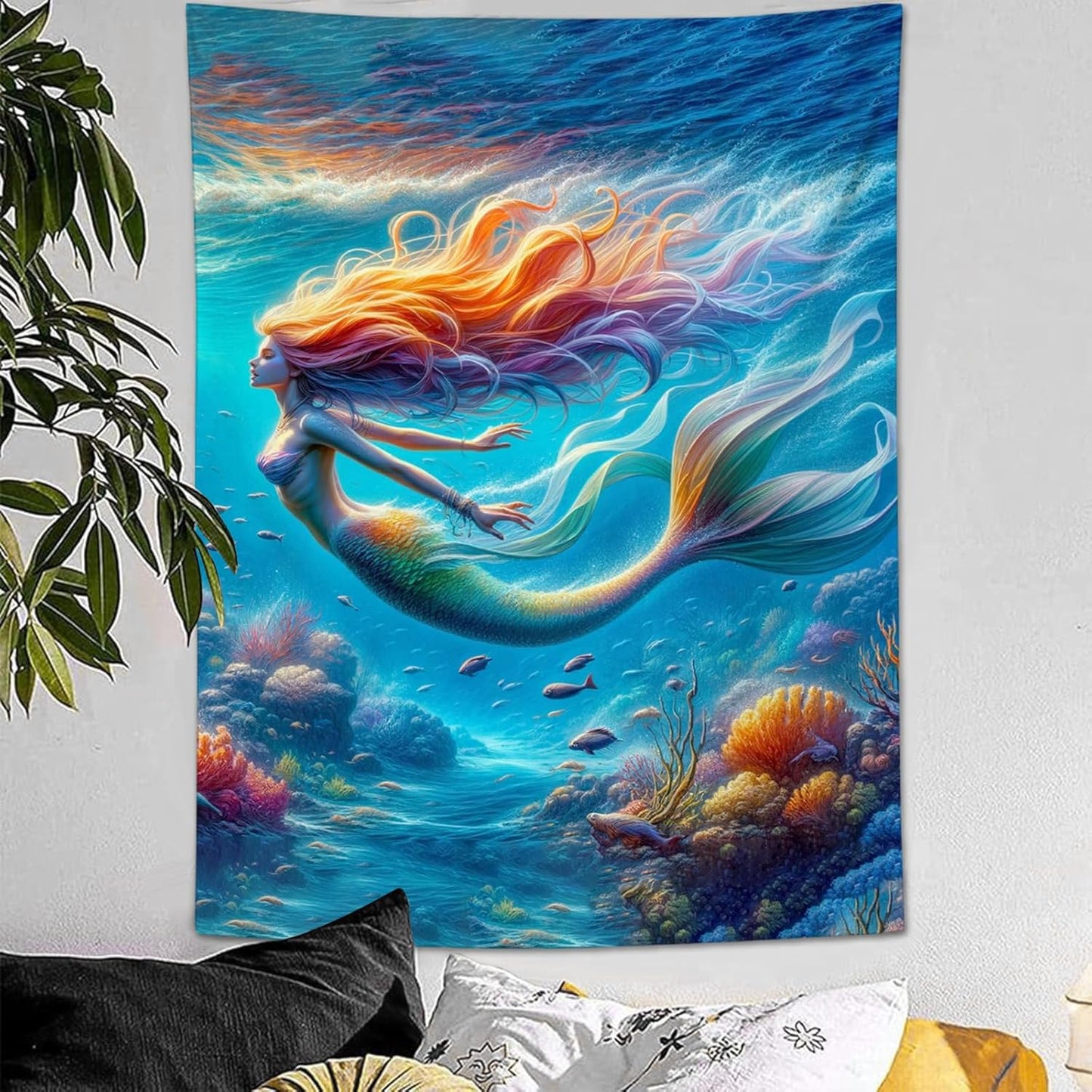 Mermaid Tapestry Ocean Tapestries Coastal Fabric Wall Hanging Aesthetic Space Indoor Outdoor Wall Art Tablecloth Bedspread Decoration for Girl’s Bedroom Dormitory Living Room Home Decor 40"x60"