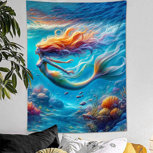 Mermaid Tapestry Ocean Tapestries Coastal Fabric Wall Hanging Aesthetic Space Indoor Outdoor Wall Art Tablecloth Bedspread Decoration for Girl’s Bedroom Dormitory Living Room Home Decor 40"x60"