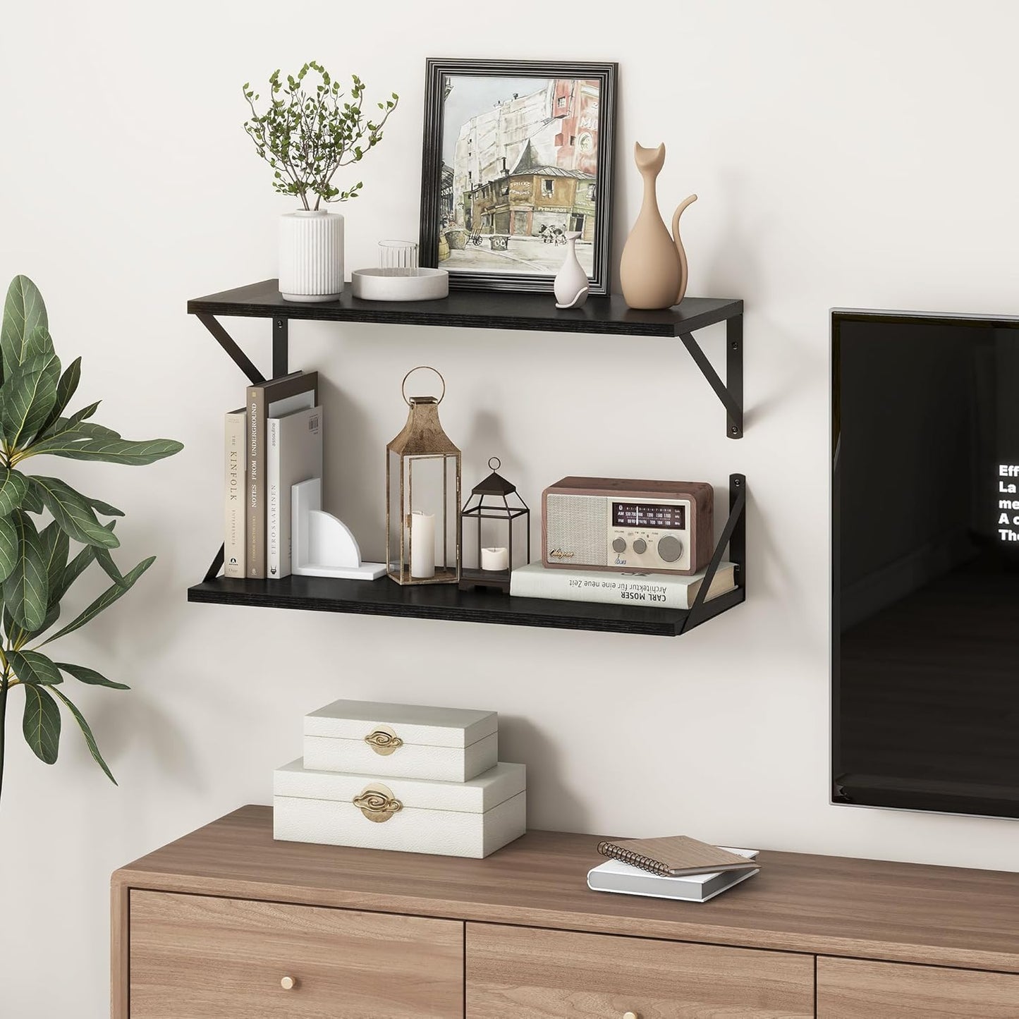 Deep Black Floating Shelves for Wall, 24"W x 10"D Wall Shelves Set of 2, 10 Inch Deep Floating Shelf with Brackets, Wide Display & Storage Shelves for Books, Living Room, Kitchen, Bathroom