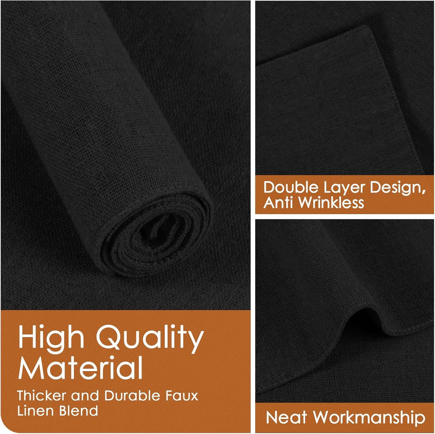 MANSPHIL Black Cloth Placemats Set of 6, Double Layer Faux Linen Place Mats Heat Resistant Washable Table Mats for Dining Kitchen, 13x19 Inch