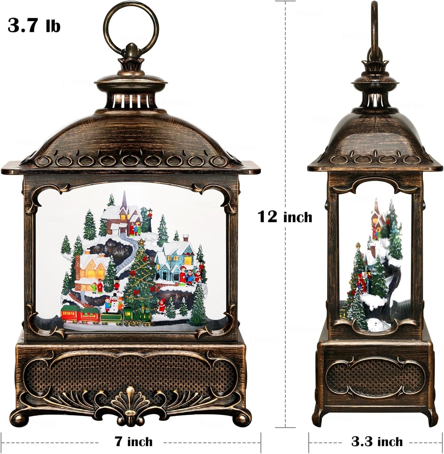 Christmas Snow Globe Lantern Christmas Decorations Gifts Snowy Village Scene Snowman Church Cabin Train Musical Glitter Snowfall USB/Battery Timer 12 inch