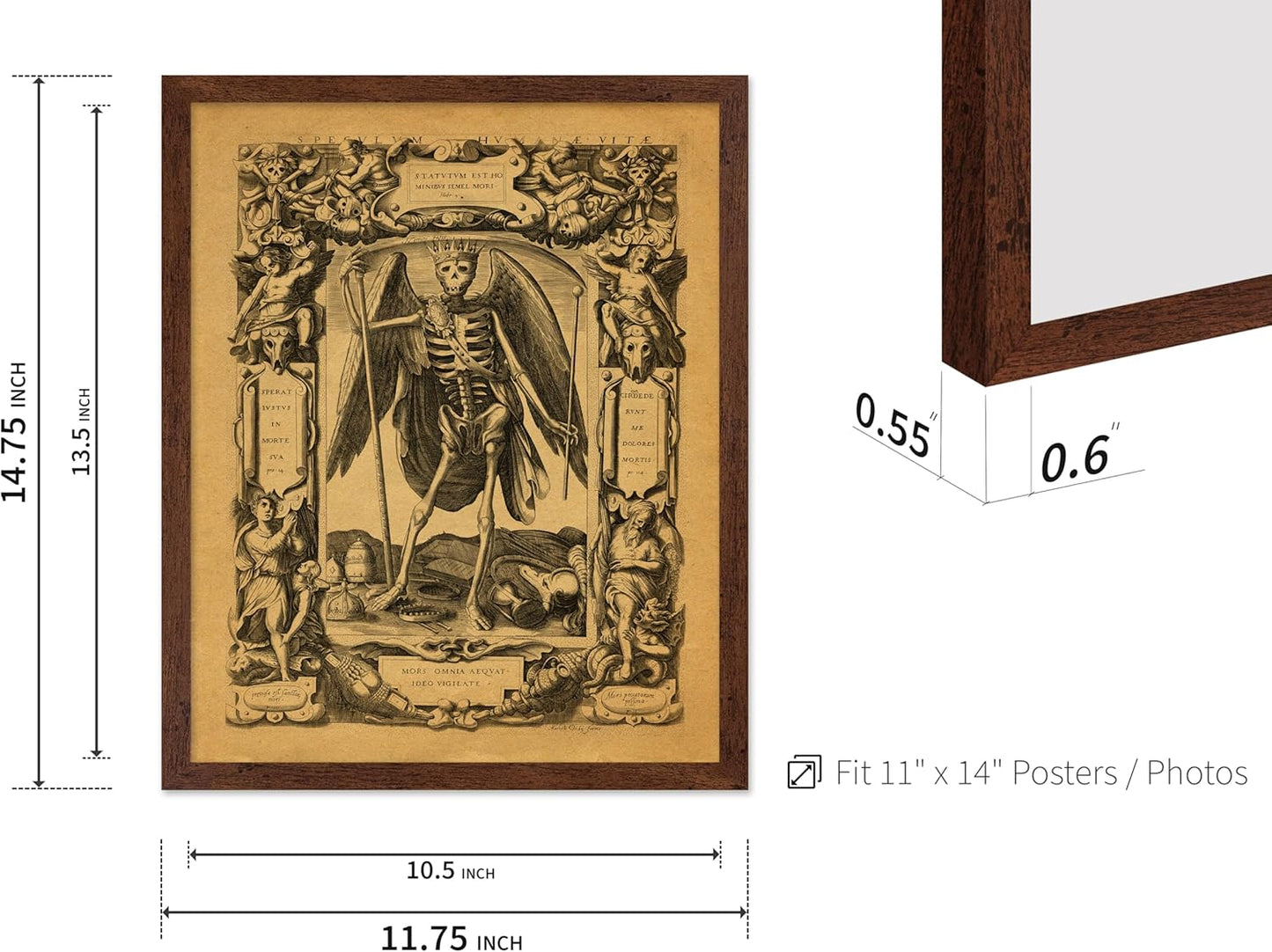 Poster Master Vintage Medieval Poster - Retro Gothic Print - Gift for Artist, Friend - Angel of Death, Memento Mori, Life, Skeleton, Dark - Wall Decor for Home, Living Room, 11x14 Brown Framed