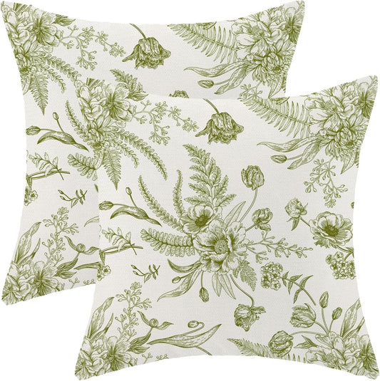 CXMEIFLY Sage Green Floral Leaves Chinoiserie Decorative Throw Pillow Covers Set of 2, 18x18 Inch, Perfect for Living Room, Bedroom, Outdoor Gardens