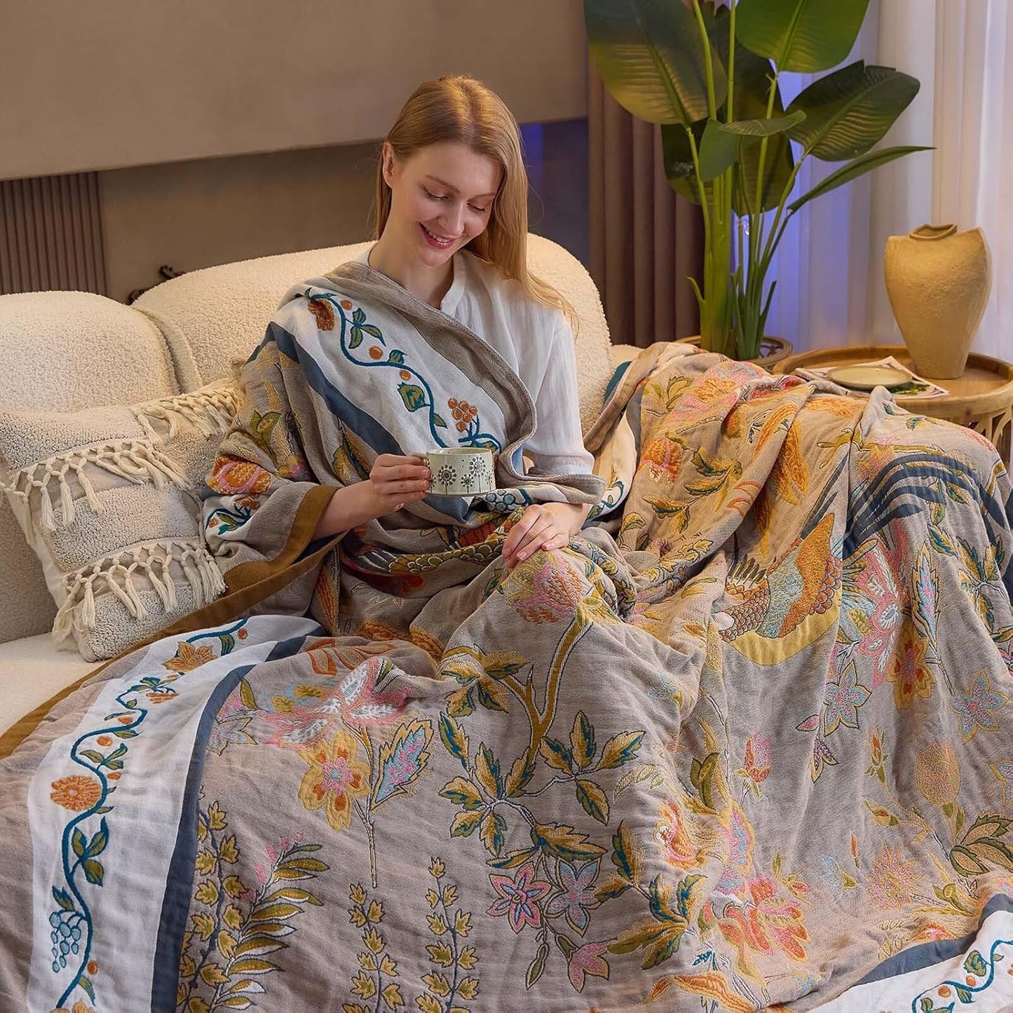 Boho Blanket, 100% Cotton Farmhouse Decorative Throw Blanket, 60"x80" Reversible Bohemian Throw Blanket, Brown All Season Muslin Breathable Woven Blankets Quilt