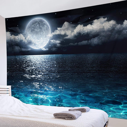 LB Blue Ocean Moon Tapestry White Cloud and Full Moon Over Ocean Tapestry Wall Hanging Fantasy Night Sky Wall Art for Bedroom Living Room Dorm Wall Decor,80 x 60 Inches