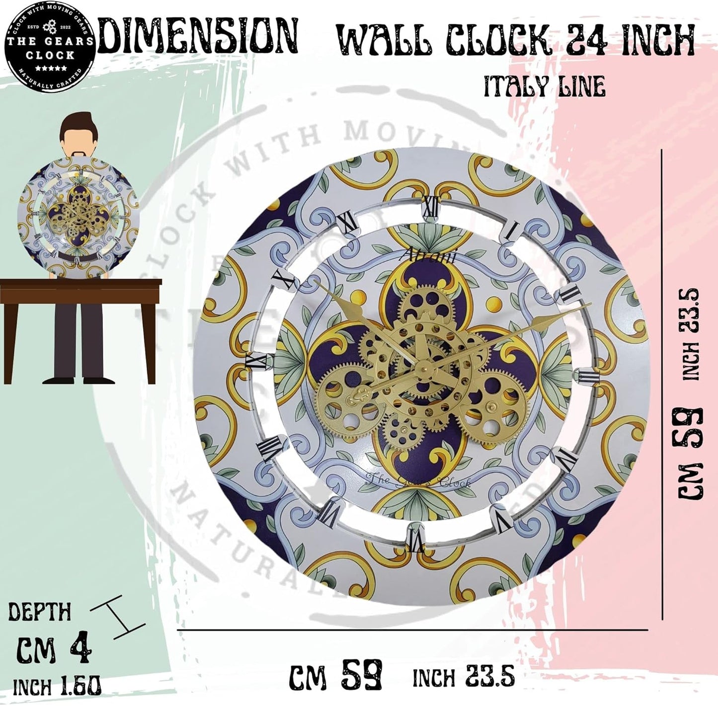 The Gears Clock Wall Clock Italy Collection with Moving Gears (Ravello, 24 inch Round)