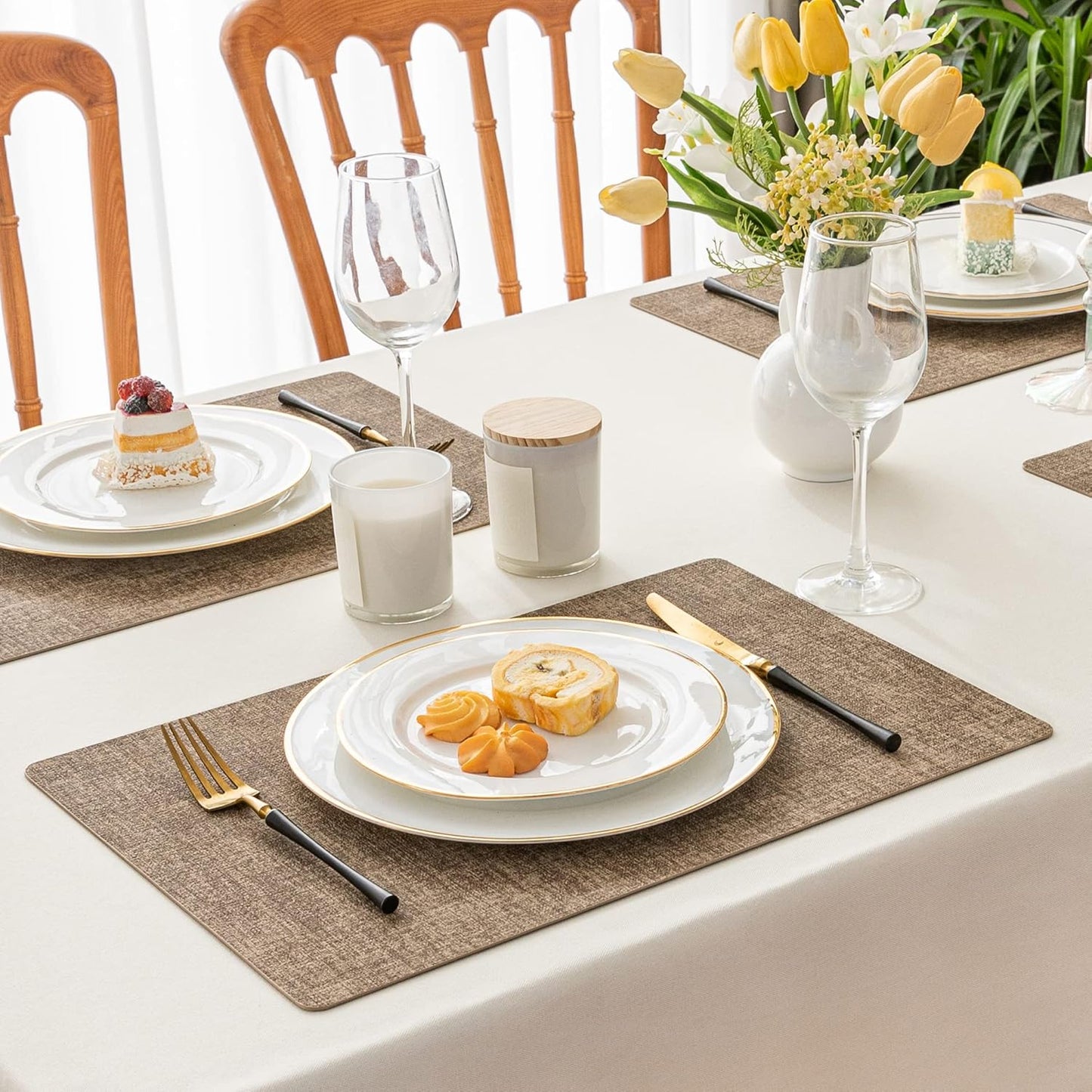 Romanstile Vinyl Placemats Set of 6-12 X 18 Inch - Heat Resistant Place Mats 100% Waterproof Oilproof Wipeable Reversible Faux Leather Table Mats for Kitchen/Dining/Party/Outdoor, Coffee