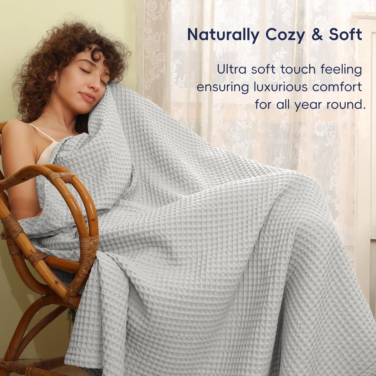 PHF Ultra Soft Waffle Weave Blanket Queen Size 90"x 90"- Washed Lightweight Breathable Cozy Woven Blanket for Bed - Aesthetic Decor for Couch Bedding Sofa Home Car - Light Grey