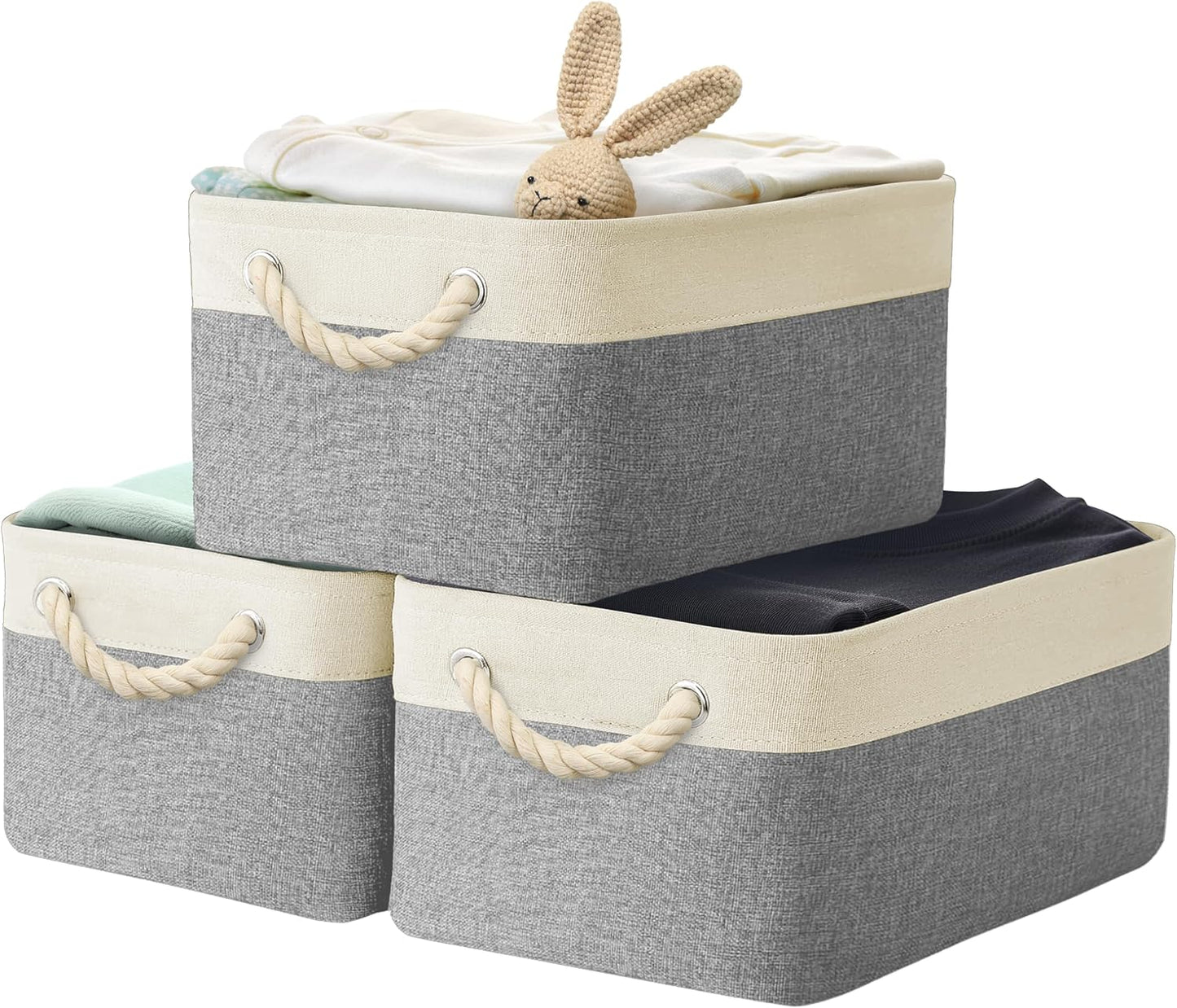 SIMPLE HOUSEWARE Large Fabric Storage Bin, 15.7" x 12" with Braided Handles, 3 Pack, Gray