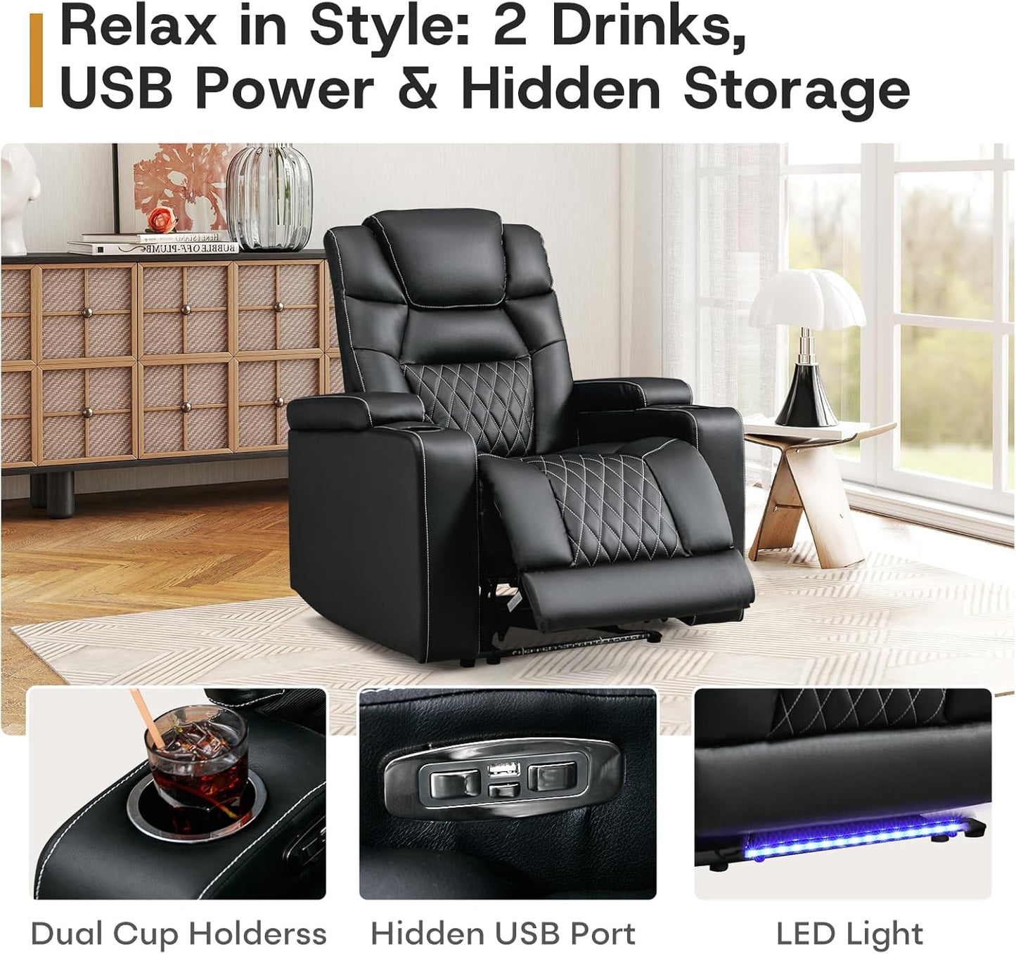 ANJ Power Recliner Chair with USB Port, Electric PU Leather Home Theater Seating for Living Room, Movie Reclining Chairs with Blue Ambient Lighting, Hidden Arm Storage, Cup Holders (Black)
