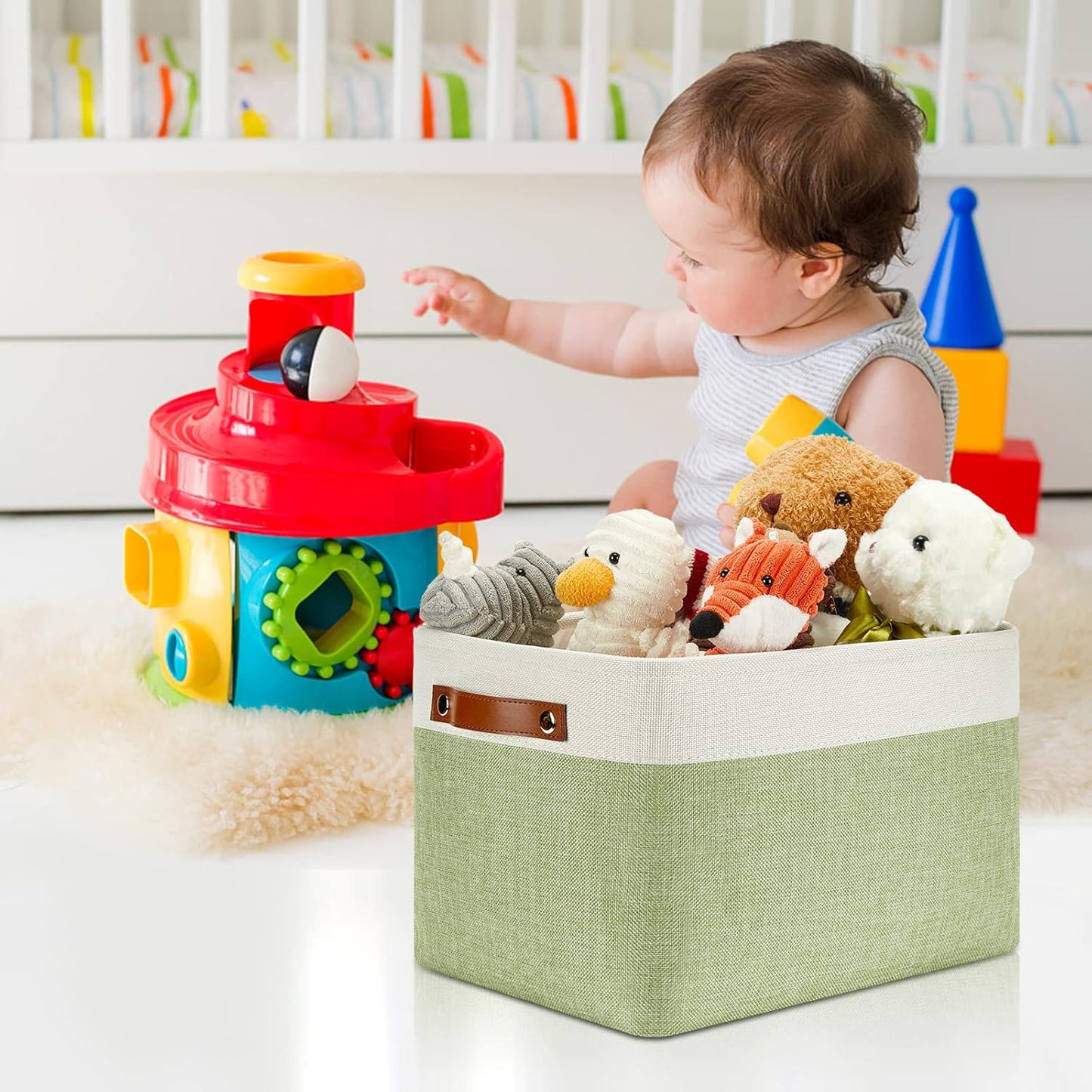 DULLEMELO Fabric Storage Bins for Laundry, Home, Foldable Storage Baskets for Shelves, Toys, Collapsible Storage Bins for Office,Bedroom(3-Pack Medium-15 inch X 11 inch X 9.5 inch , White&Green)