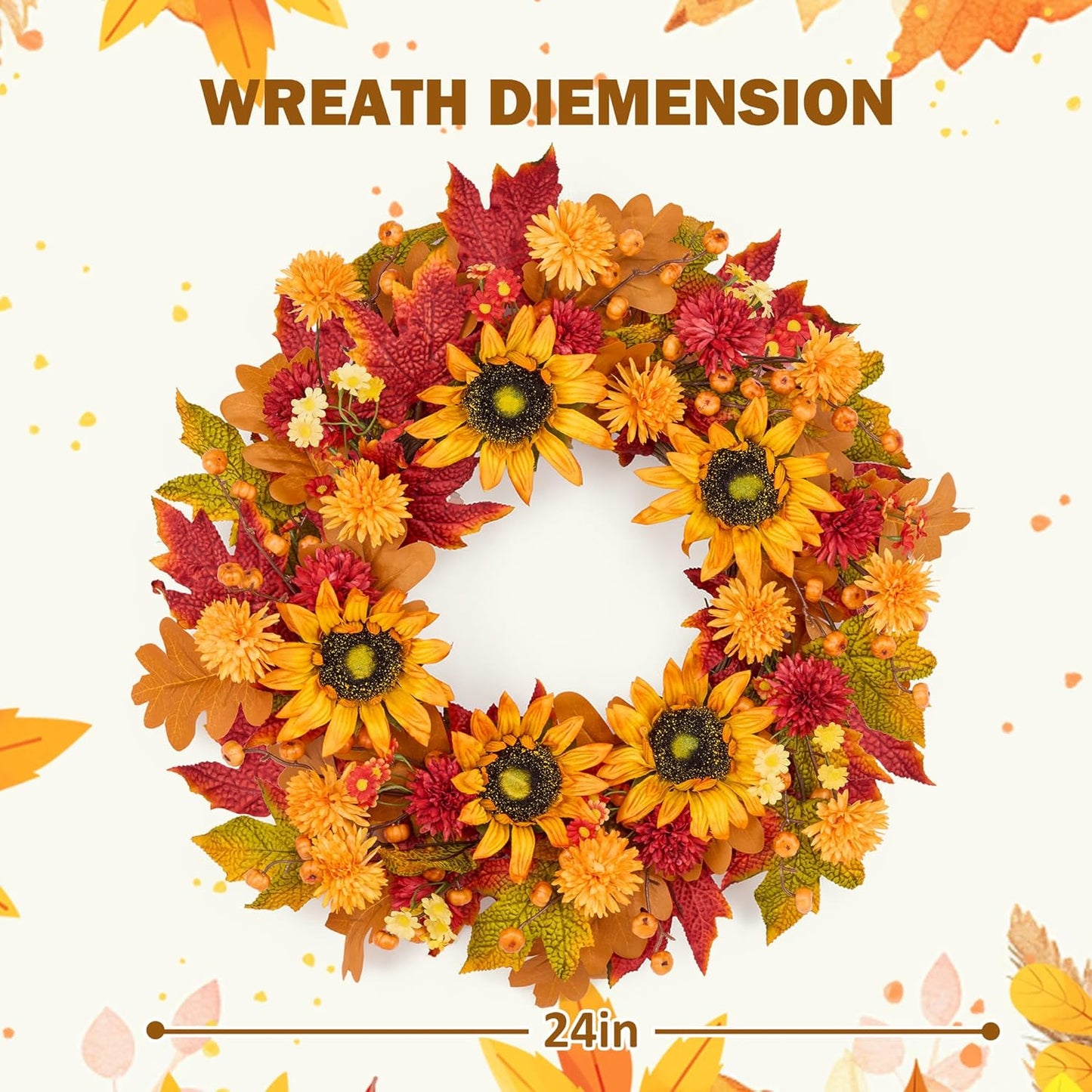 GENMOUS 24 Inch Fall Wreaths for Front Door, with Mini Pumpkin Skewers- Sunflower Wreath, Autumn Fall Decor Maple Leaf Daisy Thanksgiving Halloween Home Party Fall Decoration Indoor Oudoor