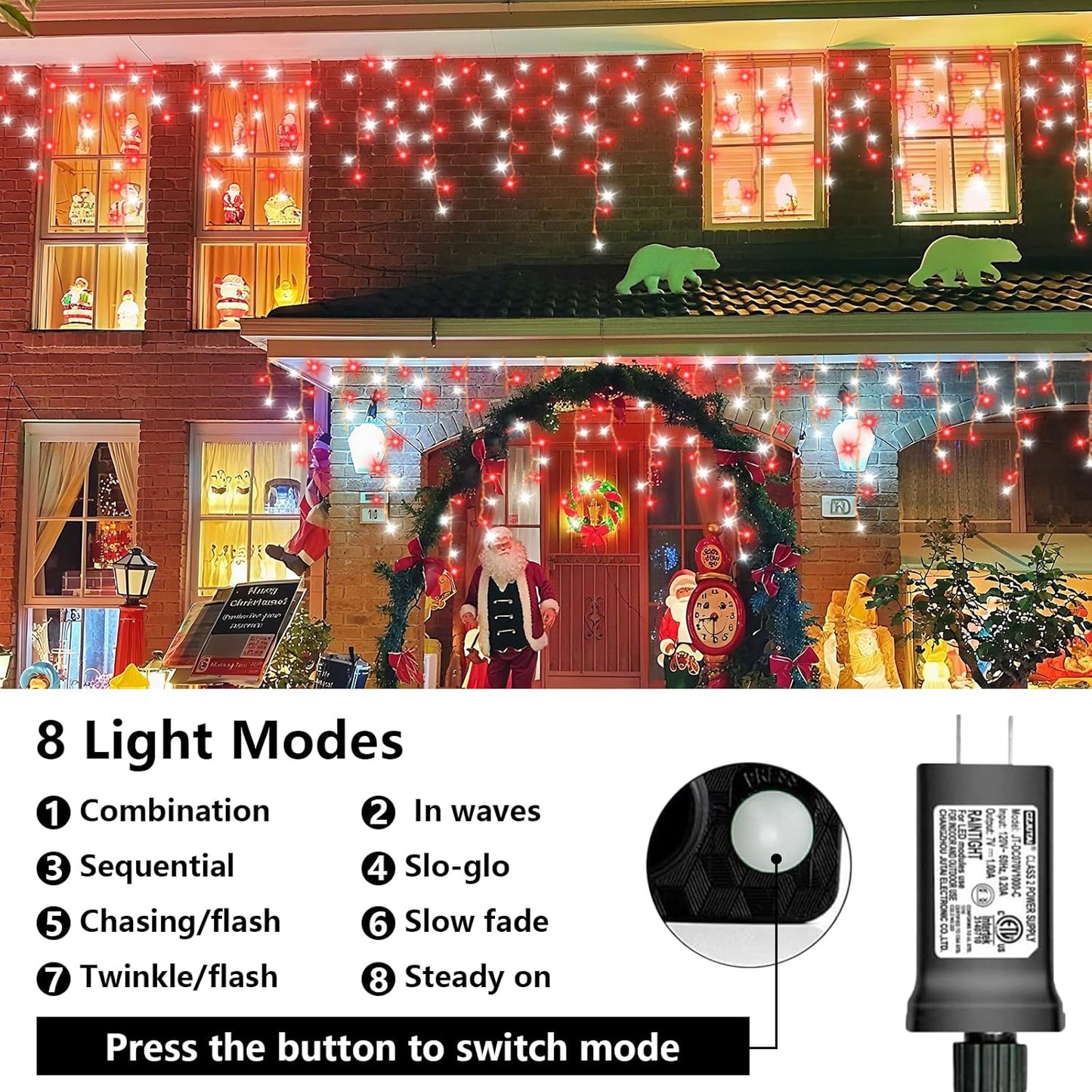 800 LED Icicle Lights Red and White