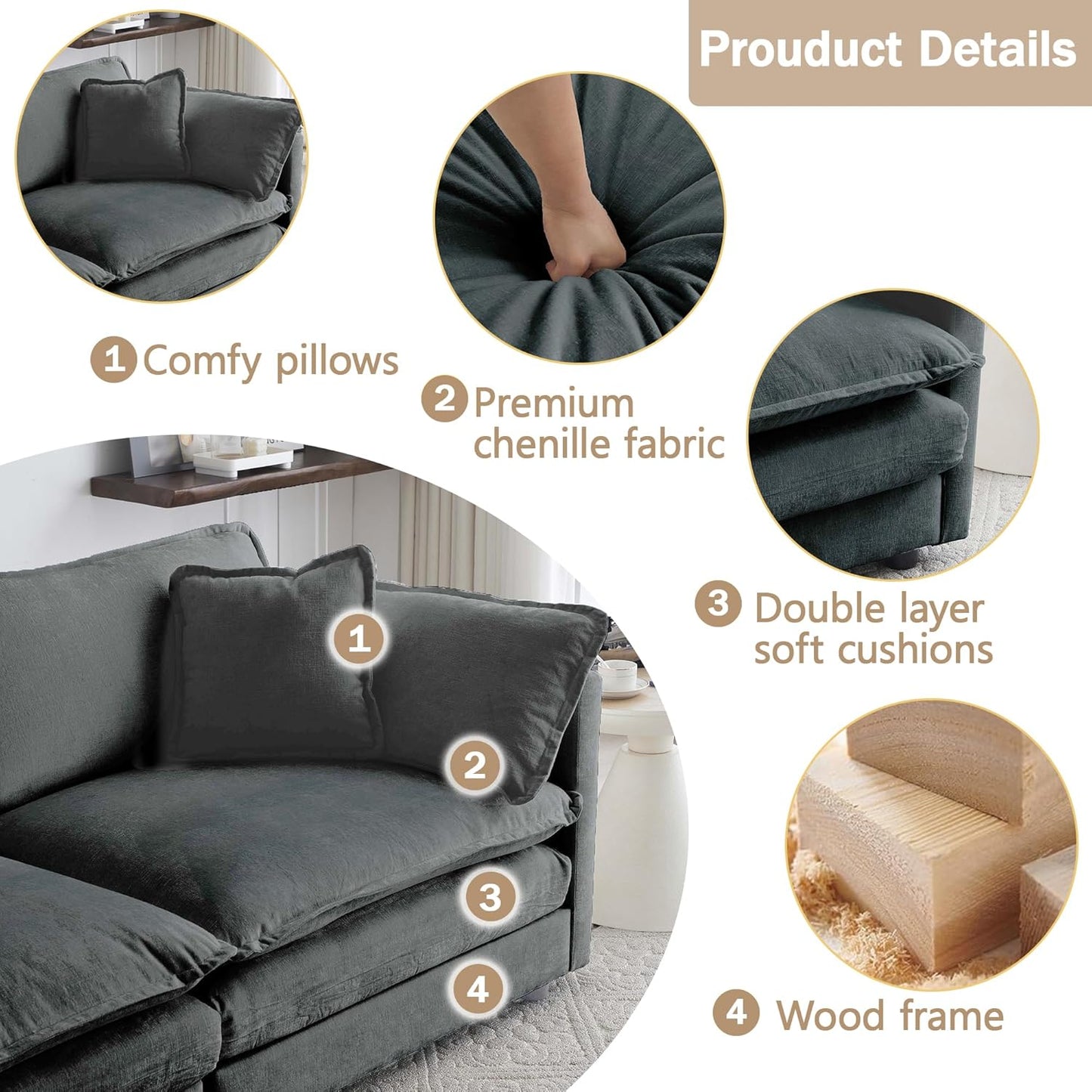 Sectional Sofa 4 Seater with Movable 2 Ottomans,Oversized Modular Couch Deep Seat (Grey, 146.5 inch-U)