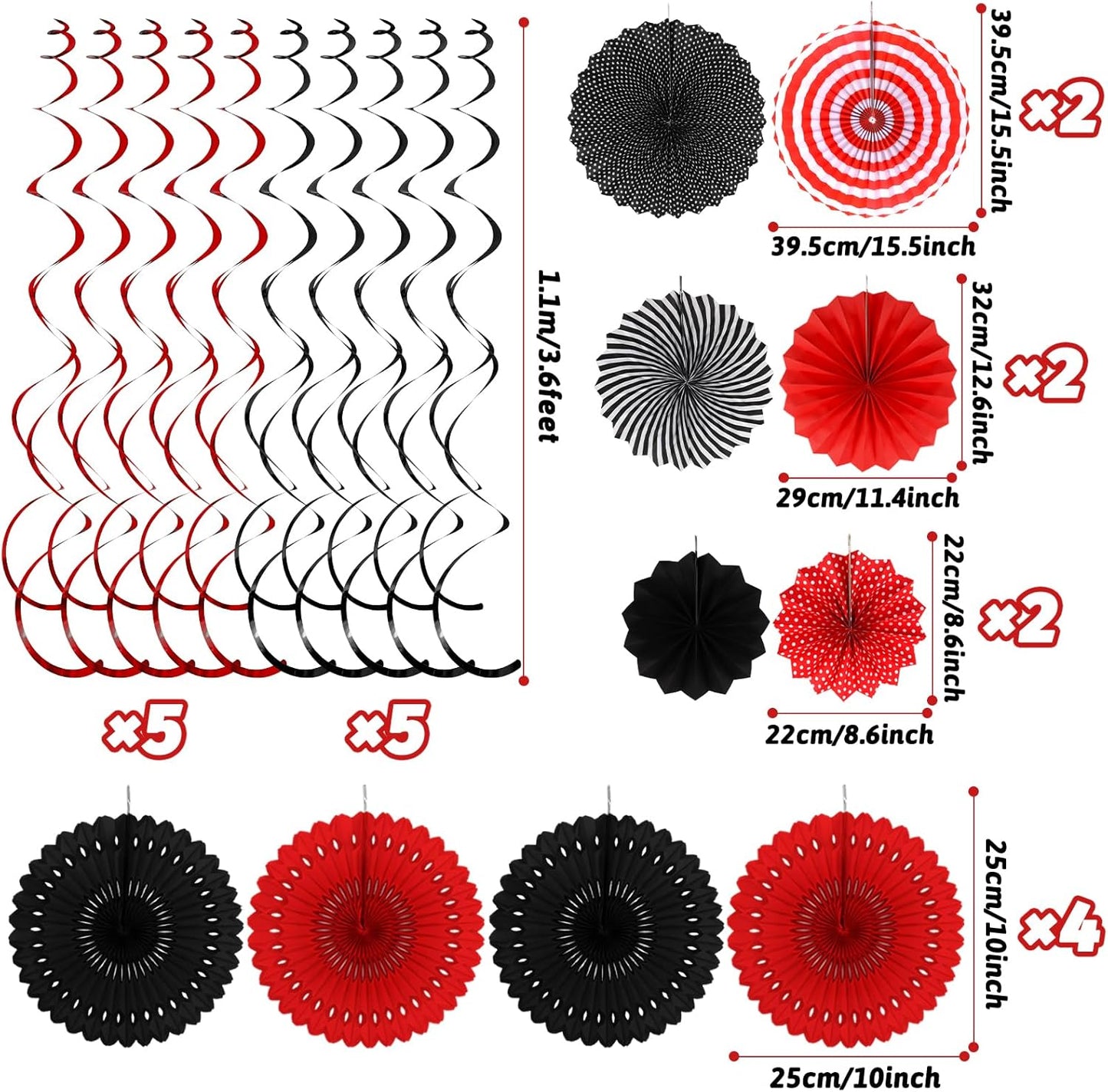 Black Red Party Decorations, Easy Assembly Paper Fan Honeycomb Ball Garland Hanging Swirl Graduation Party Supplies for Boy Girl Women Birthday Congrats Grad Party Decorations