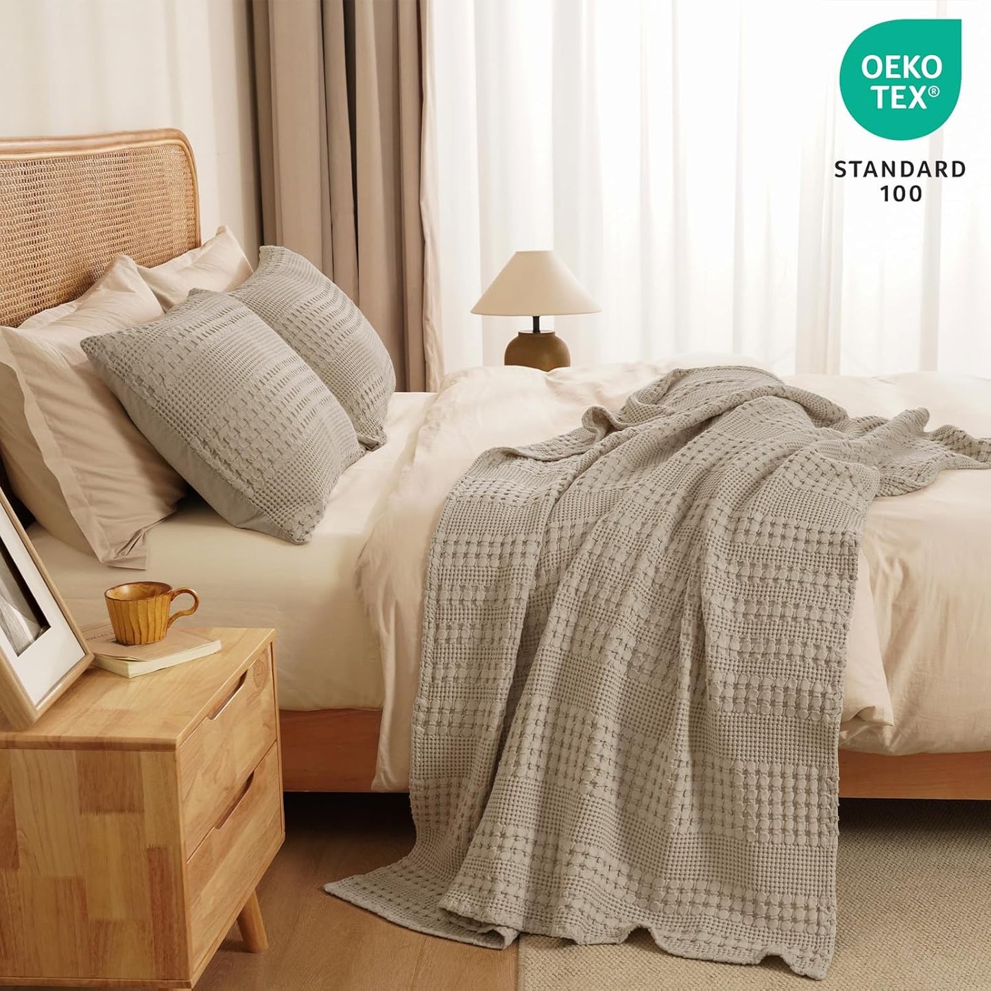 PHF 100% Cotton Waffle Weave Throw Blanket, Soft Lightweight Breathable Cozy Summer Throws for Couch Bed Sofa, Luxury Aesthetic Woven Blanket for Home Decor & Office, 50"x60", Simply Taupe