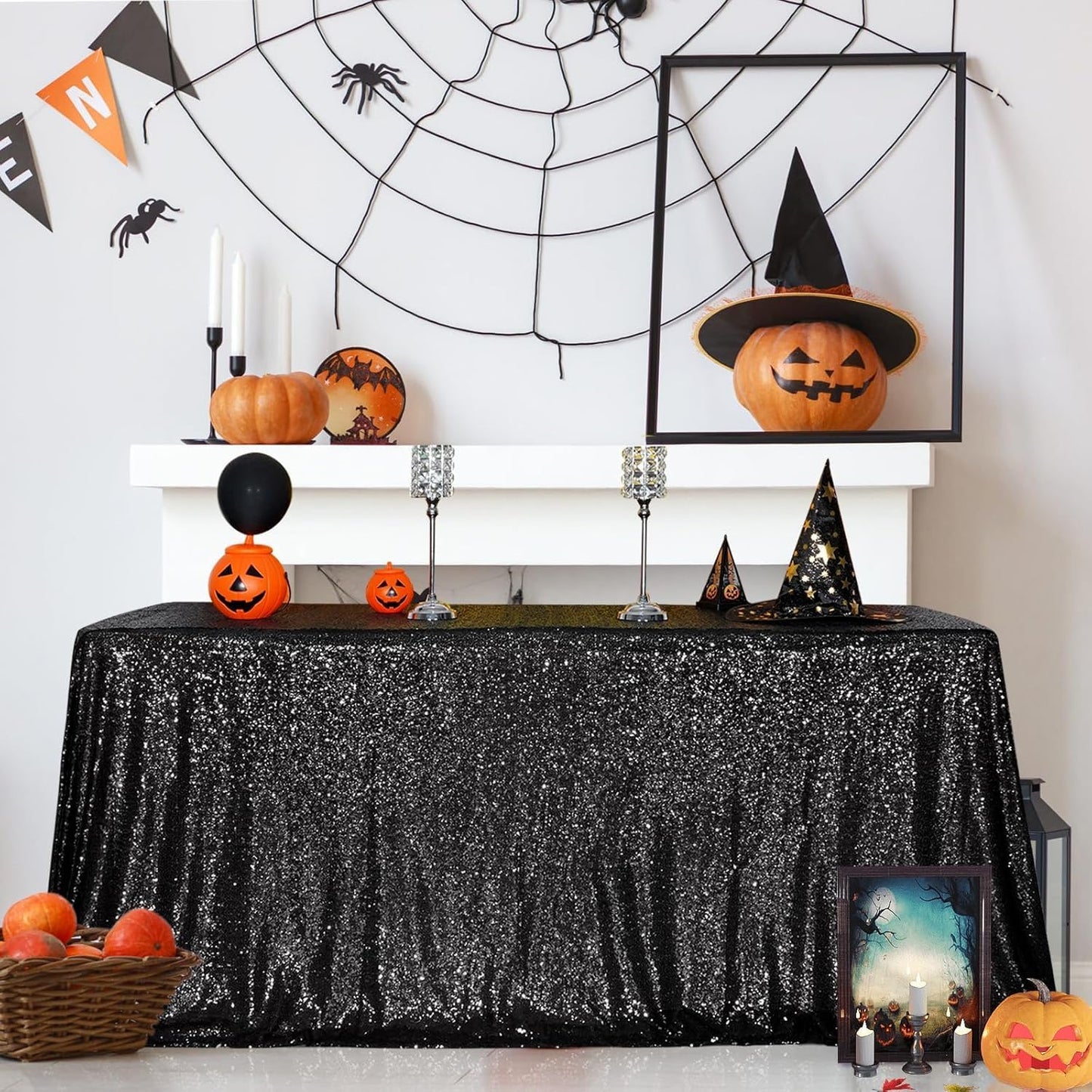 SquarePie Sequin Tablecloth 90 x 156 Inch Black Sparkly Table Linen for Wedding Halloween Party
