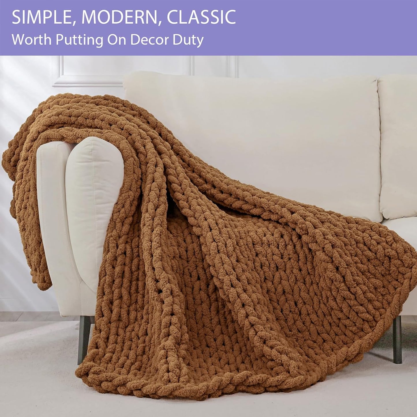 Bigacogo Chunky Knit Throw Blanket for Couch, 40x40 inches, 100% Hand Knitted with Thick Jumbo Chenille Yarn, Cozy Soft Large Rope Knot Cable Crochet Blankets for Sofa Bed Living Room, Caramel