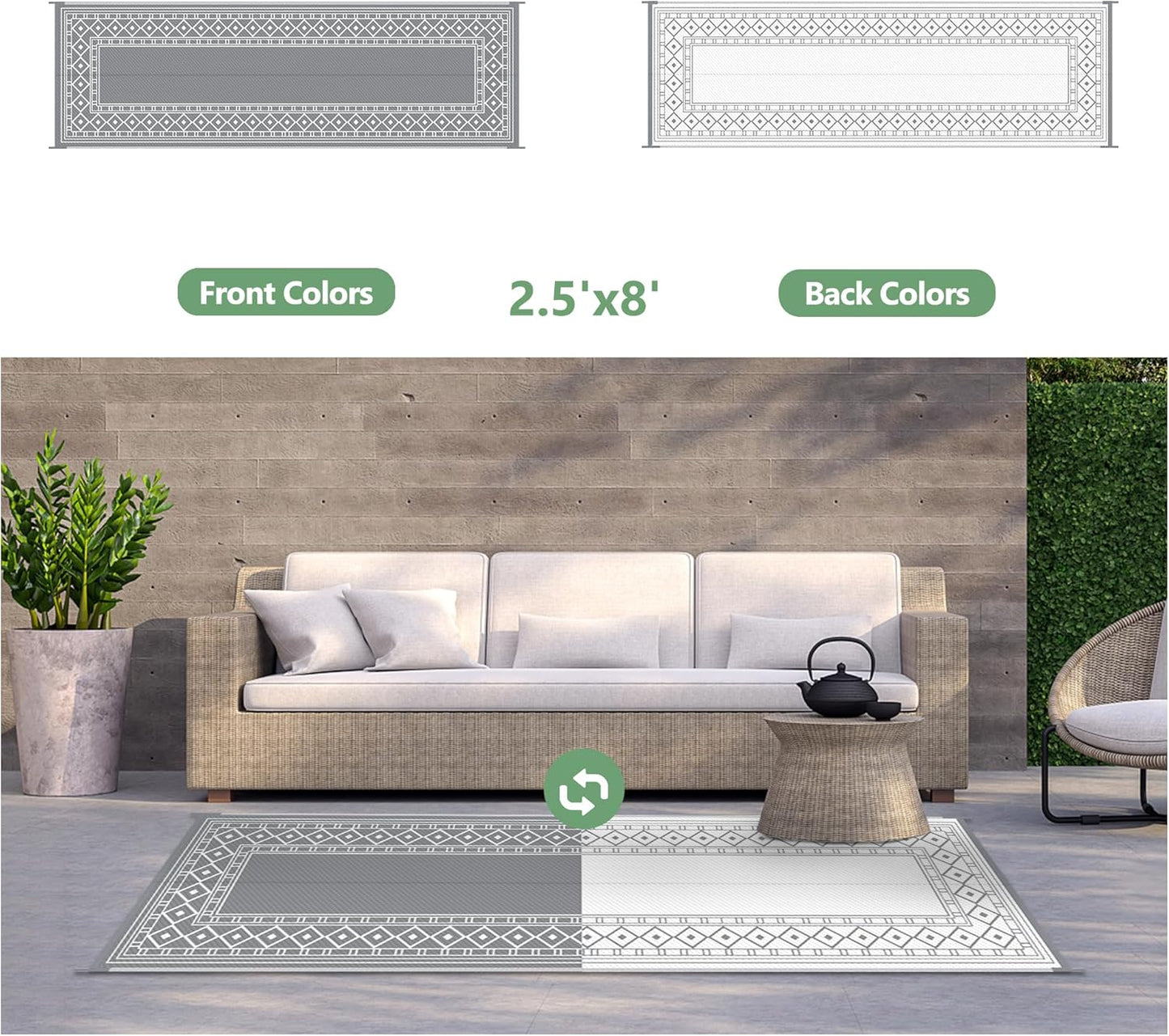 GENIMO Outdoor Rug Waterproof for Patio, 2.5'x8' Foldable Reversible Plastic Straw Runner Rugs and Carpet for Porch, Outside Area Mat for Rv, Deck, Picnic, Camper, Balcony, Beach, Grey & White