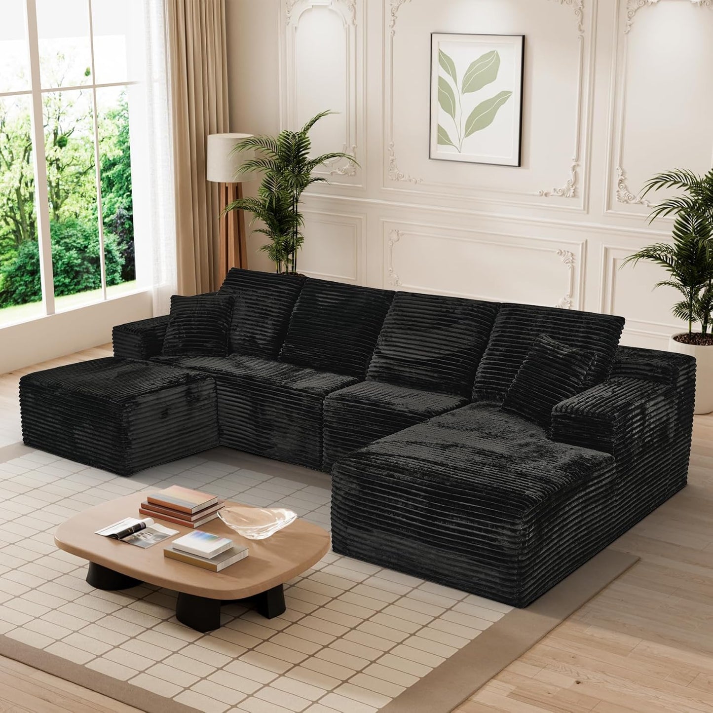 Modular Sectional Sofa Cloud Sectional Couch, 135" Comfy Fluffy U Shaped Black Couches for Living Room, Deep Seat Memory Foam Plush Corduroy Boneless Couch Sectionals with Right Facing Chaise Sofa