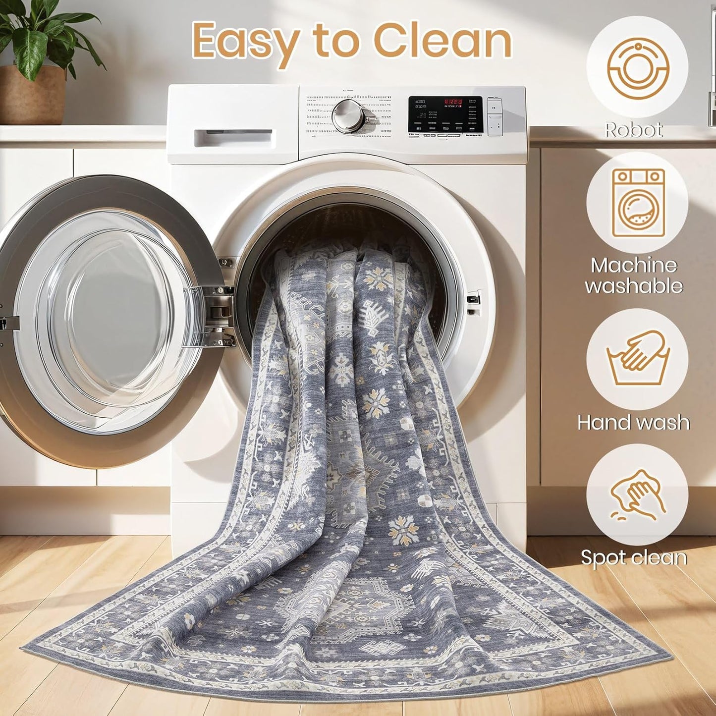 Washable Area Rugs for Living Room -8x10 Neutral Vintage Distressed Floral Farmhouse Boho Large Soft Floor Rug Indoor Non Slip Carpet for Living Room Bedroom Dining Room Office - Denim Blue/Grey