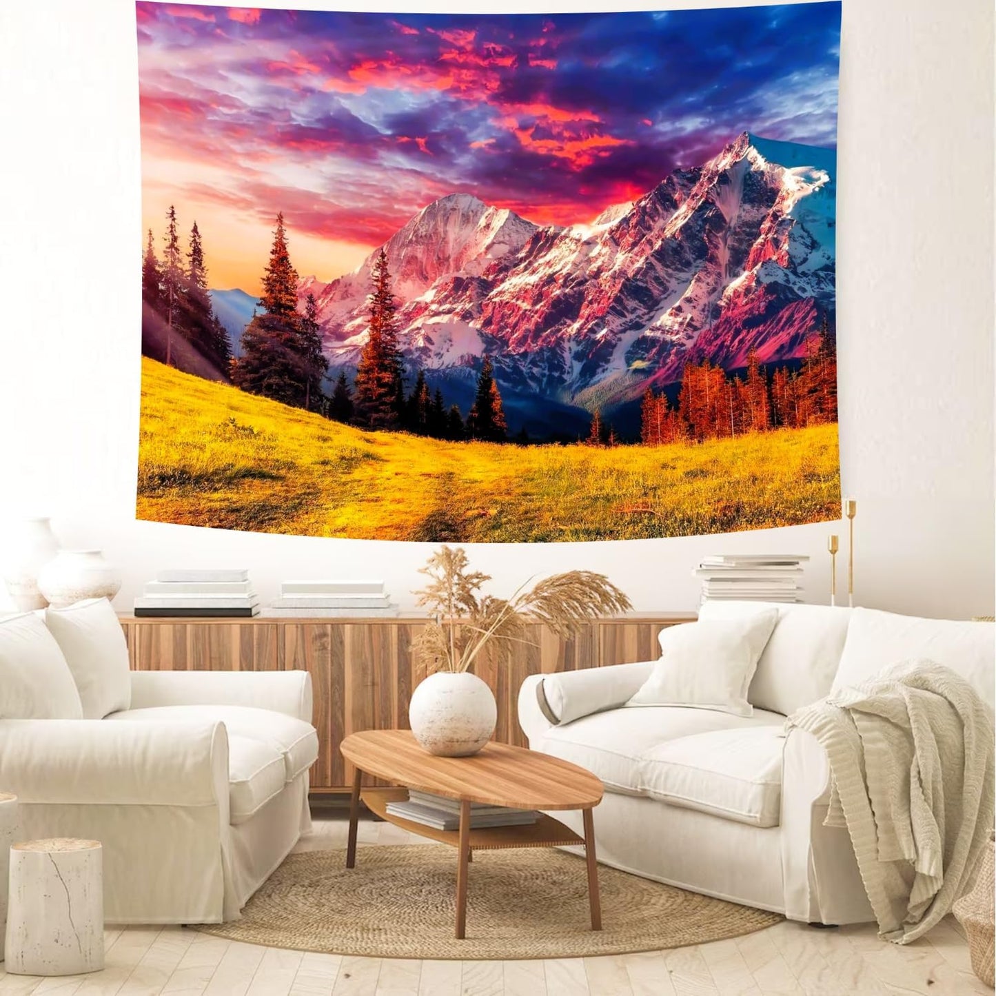 Delur Mountain Tapestry Sunset Forest Tree Nature Tapestry Wall Hanging Sunrise Psychedelic Scenic Landscape Headboard for Bedroom Living Room Home Decor (59.1" x 78.7")