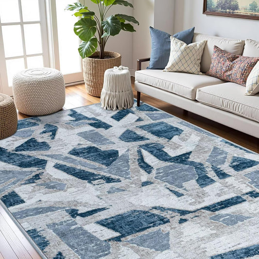 Modern Abstract Blue 6X9 Area Rug for Living Room Bedroom Washable, with Non-Slip Rubber Backing Print Faux Wool Thin, Throw Large Carpet for Kids Playroom Dining Room Pet & Child Friendly