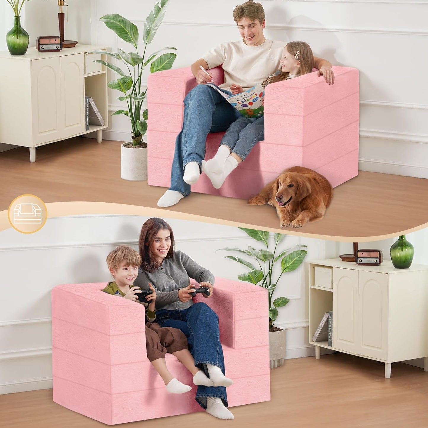 Folding Bean Bag Chair for Adults,3-in-1 Bean Bag Couch Faux Fur Floor Sofa Large Beanbag Convertible Bean Bag Sofa Bed with Pillow in Bedroom,Living Room,Apartment(Twin,Pink)