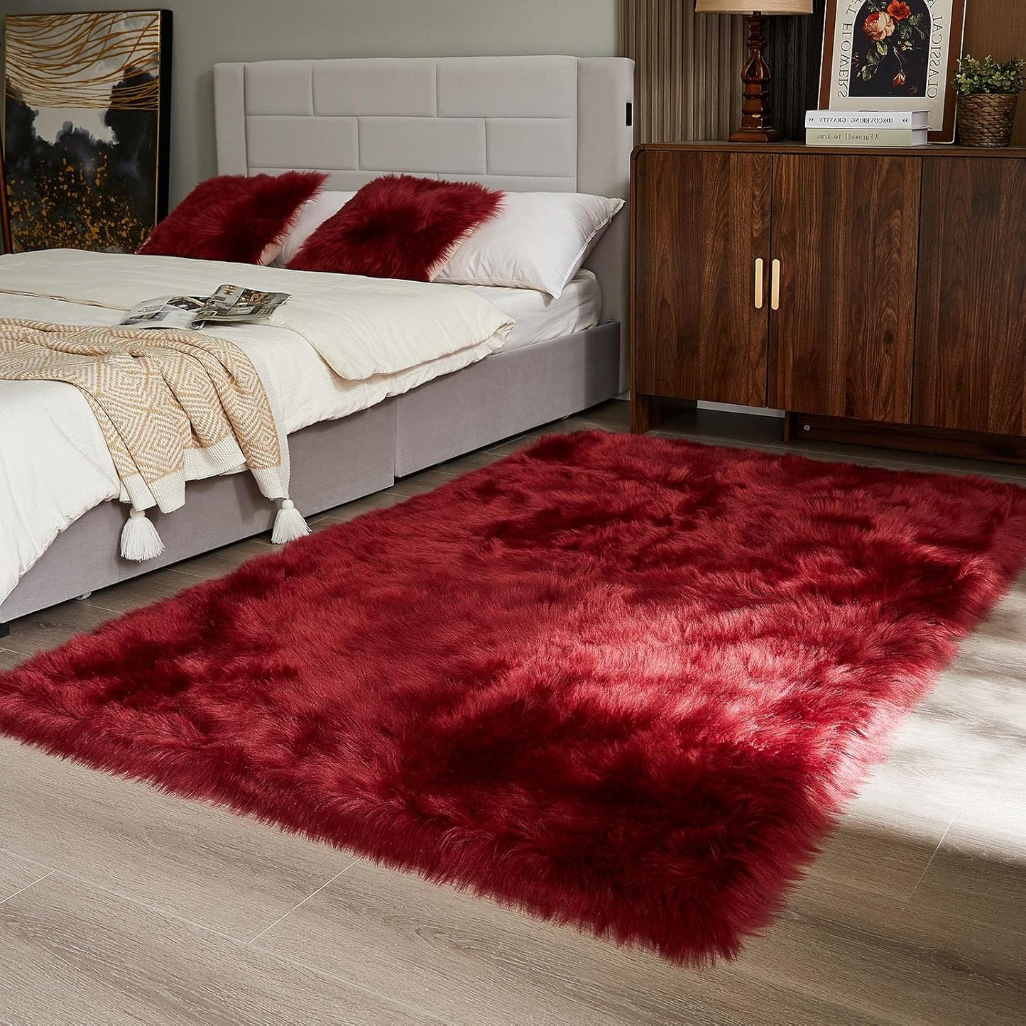 AMTOVO Faux Fur Sheepskin Rug for Living Room, 4 x 6 ft Burgundy Fluffy Area Rug for Bedroom, Playroom, Luxury Room Decor, Rectangle