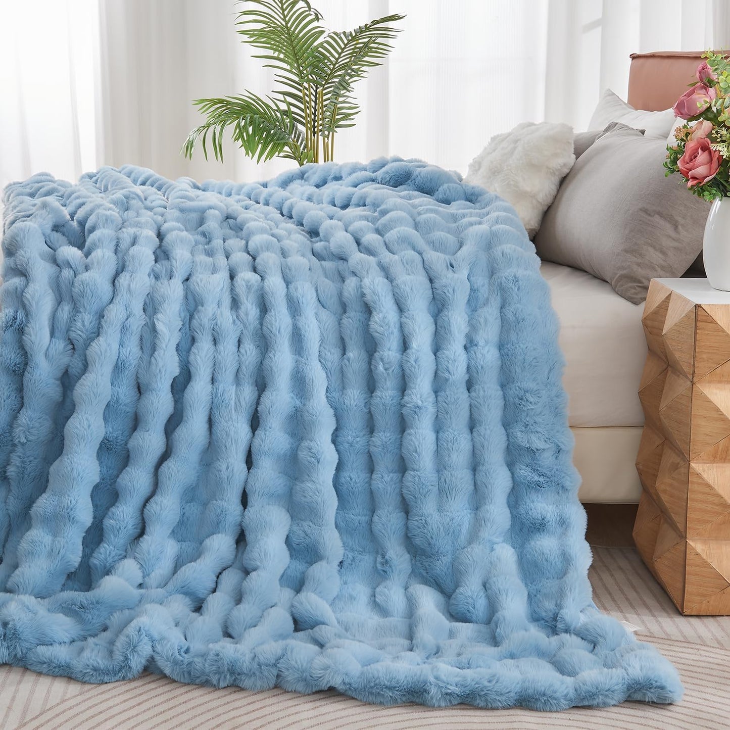 Lotus Karen Faux Fur Throw Blanket Sky Blue - Big Bubble Rabbit Fluff Blanket for Couch Bed Sofa,Softest Fluffy Fuzzy Cozy Blanket,Thick Furry Plush Shaggy Warm Blankets for Women,108x90 Inches