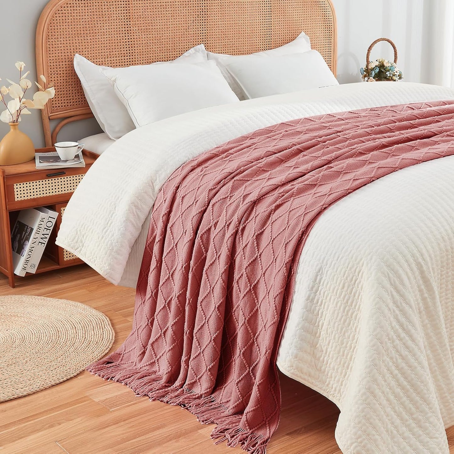 InHand Knitted Throw Blanket for Couch and Bed, Soft Cozy Knit Blanket with Tassel, Coral Pink Lightweight Decorative Throw, Farmhouse Warm Woven Throw for Men and Women, 50"x60"