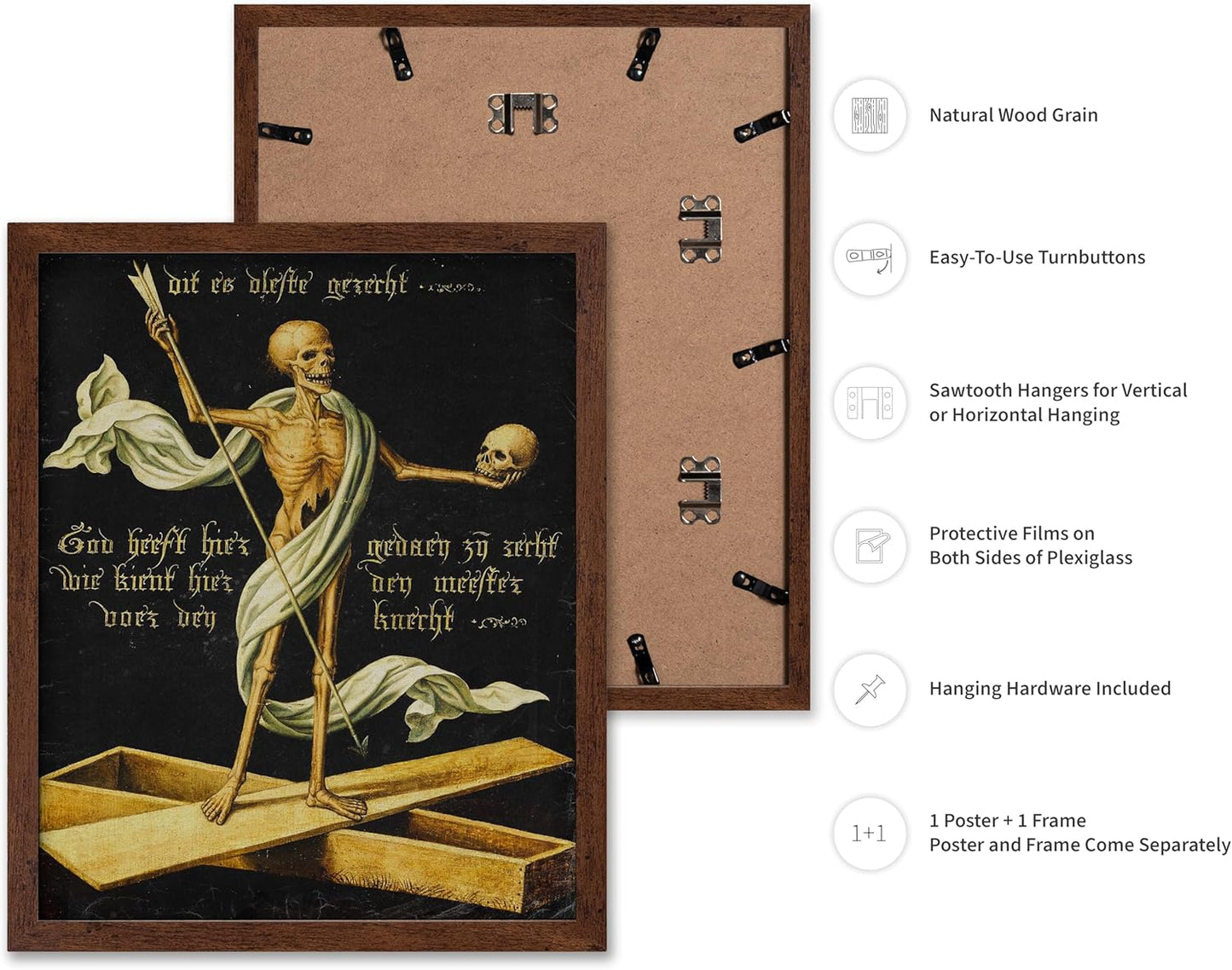 Poster Master Vintage Medieval Poster - Retro Gothic Print - Gift for Artist, Friend - Allegory of Life and Death, Skeleton, Dark, Skull - Wall Decor for Home, Living Room, 16x20 Brown Framed